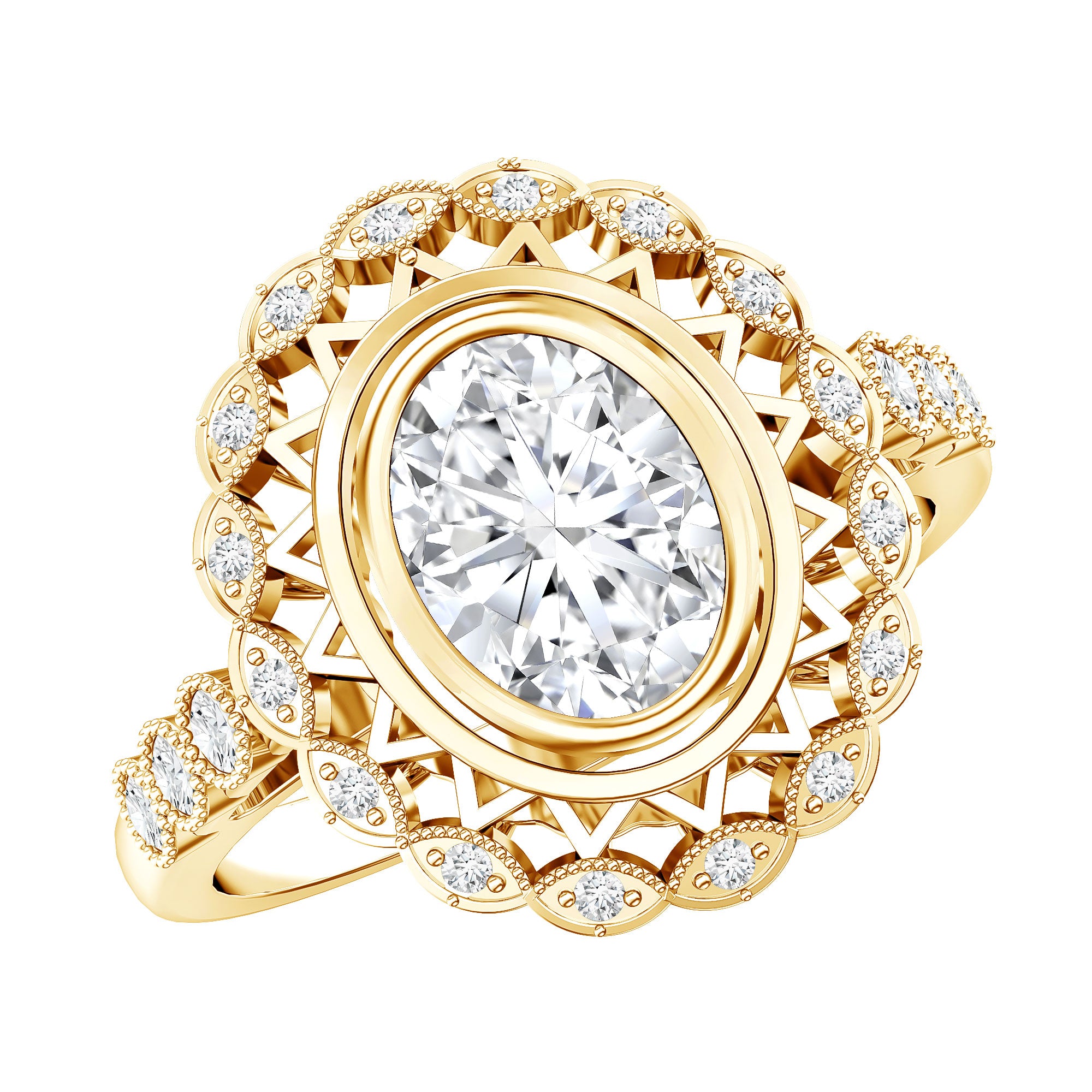 Vintage Style Oval Lab Grown Diamond Statement Engagement Ring Lab - ( EF-VS ) - Rosec Jewels