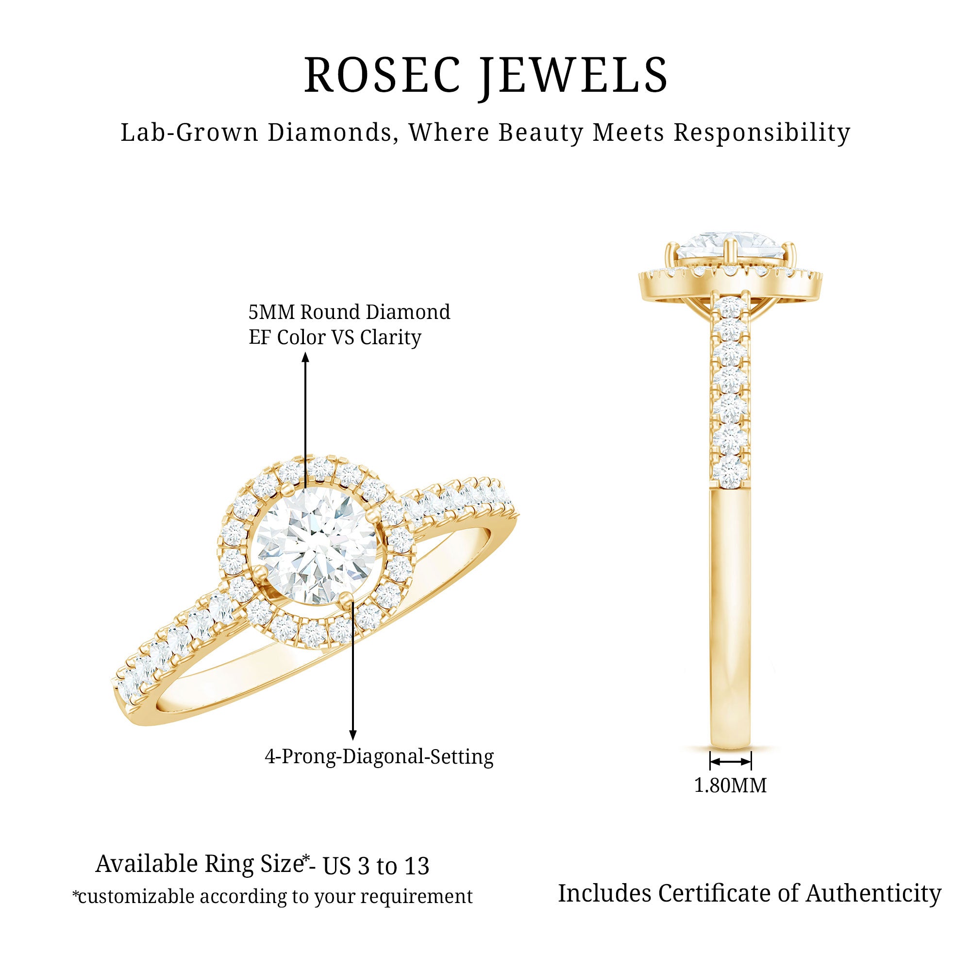 5MM Lab Grown Diamond Engagement Ring with Halo Lab - ( EF-VS ) - Rosec Jewels