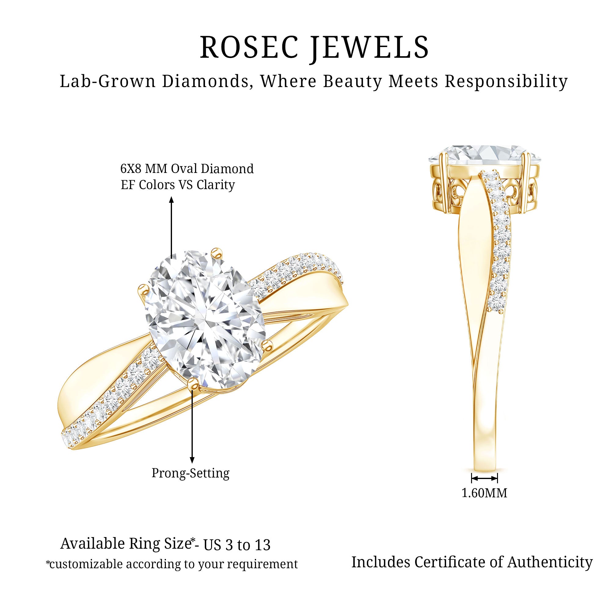 Classic Oval Shape Lab Grown Diamond Solitaire Engagement Ring Lab - ( EF-VS ) - Rosec Jewels