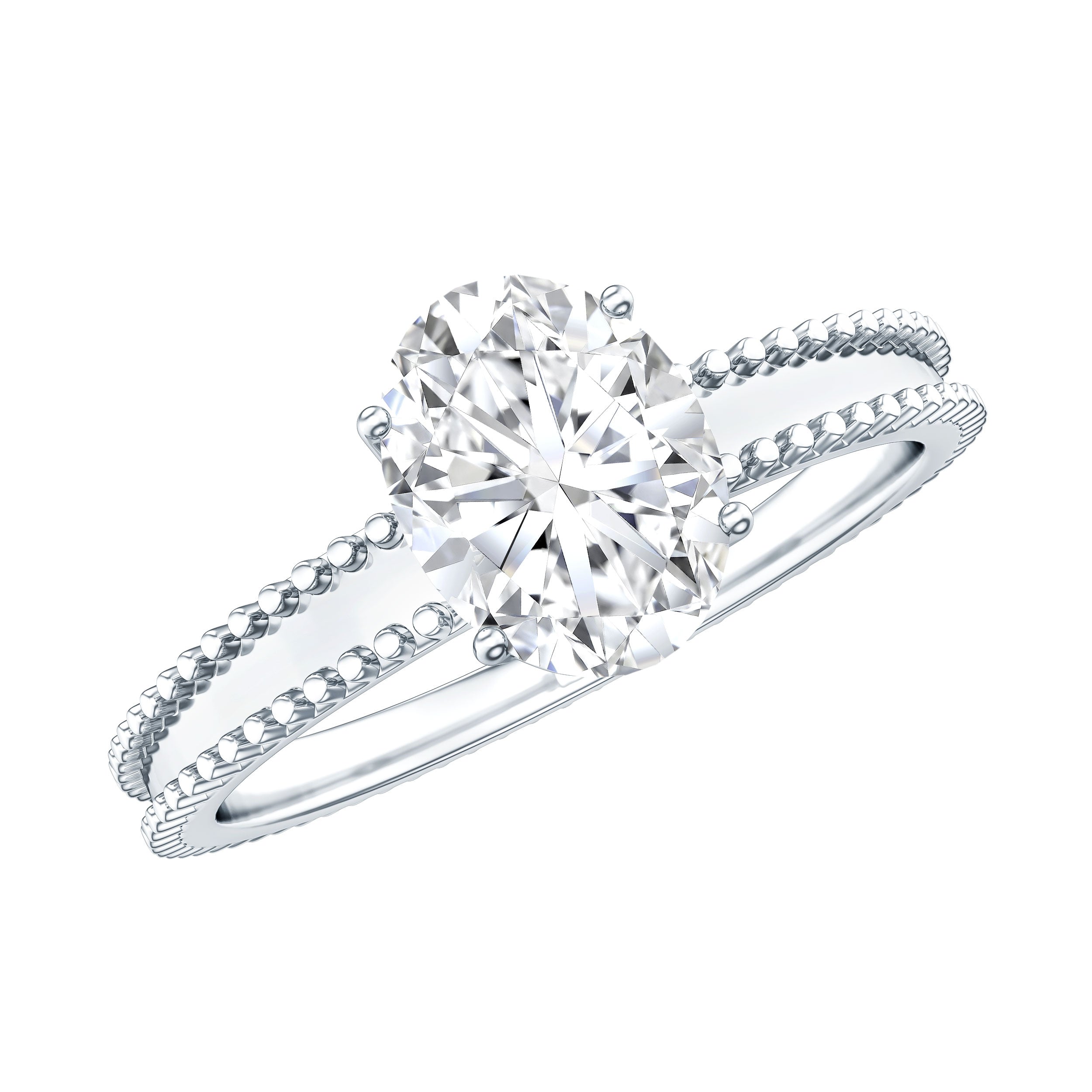 Oval Shaped Lab Grown Diamond Solitaire Ring with Beaded Detailing Lab - ( EF-VS ) - Rosec Jewels