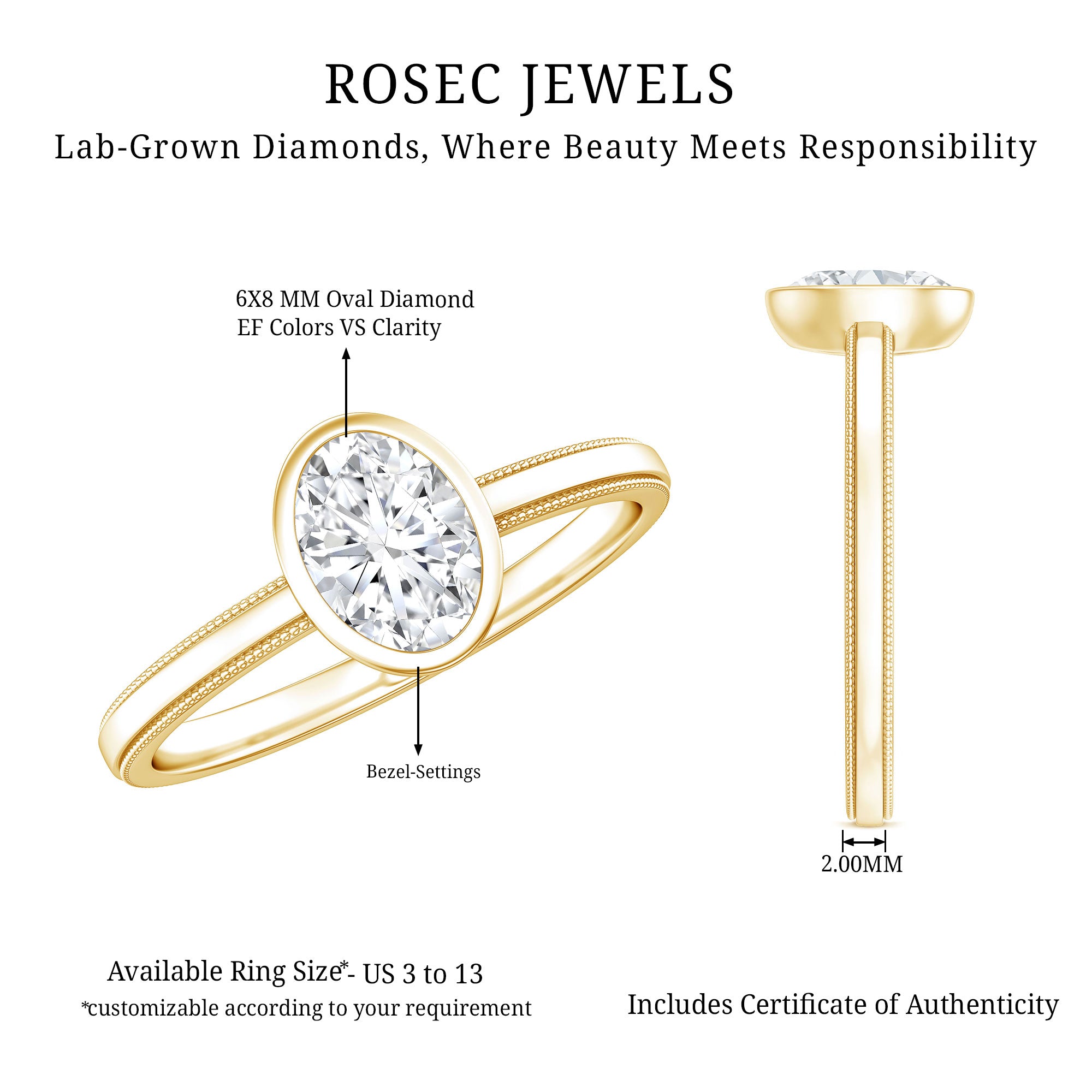Bezel Set Oval Lab Grown Diamond Solitaire Ring Lab - ( EF-VS ) - Rosec Jewels