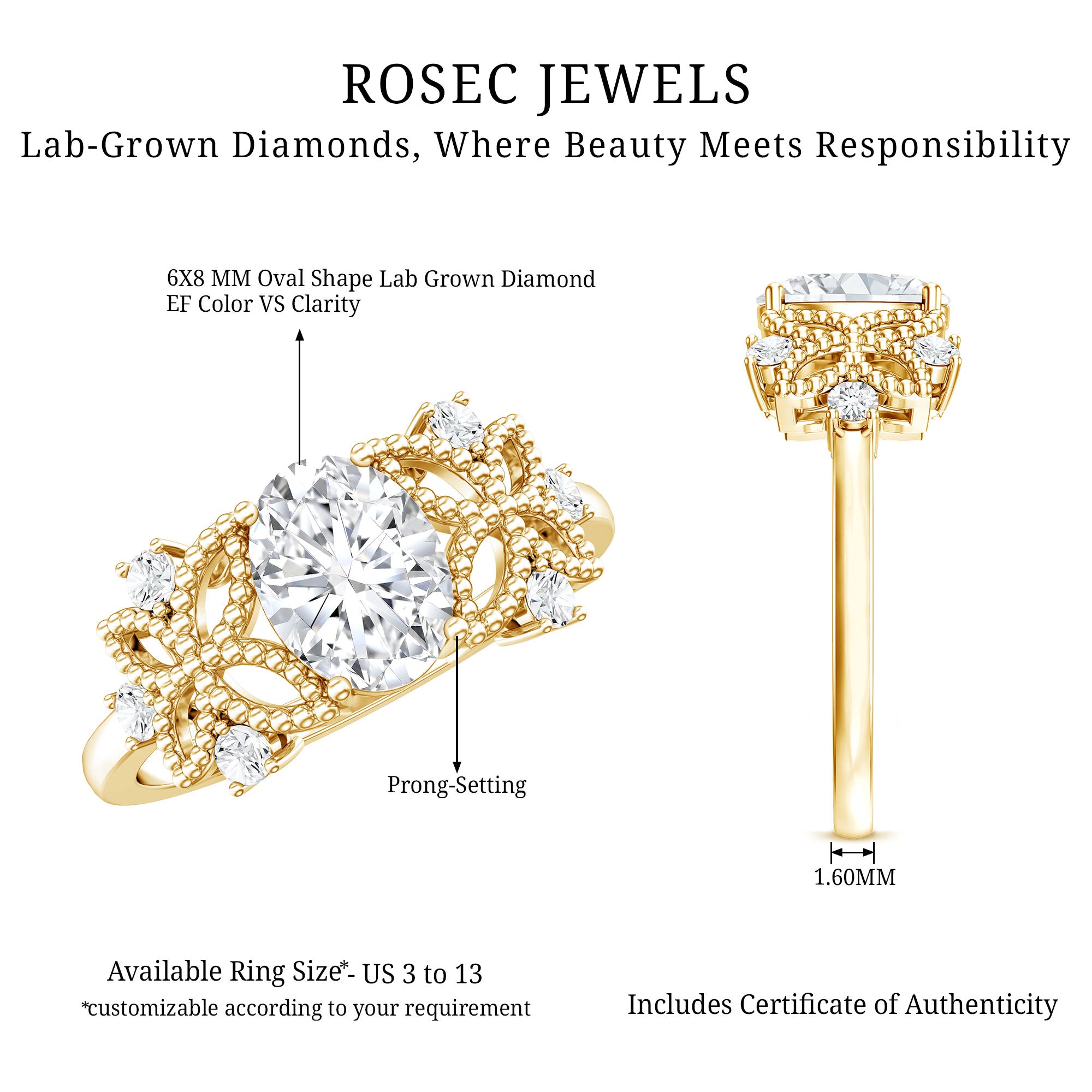 Nature Inspired Lab Grown Diamond Solitaire Engagement Ring Lab - ( EF-VS ) - Rosec Jewels