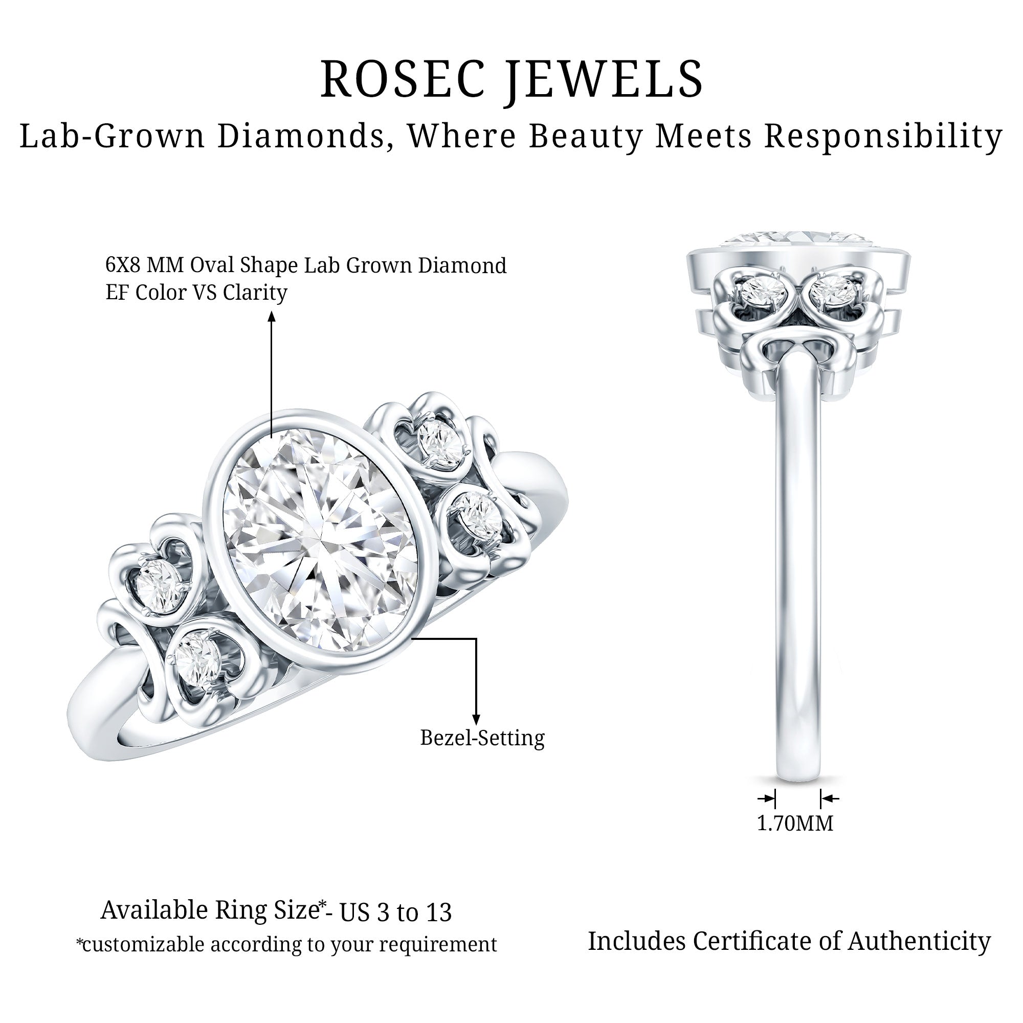 Classic Oval Lab Grown Diamond Solitaire Engagement Ring Lab - ( EF-VS ) - Rosec Jewels