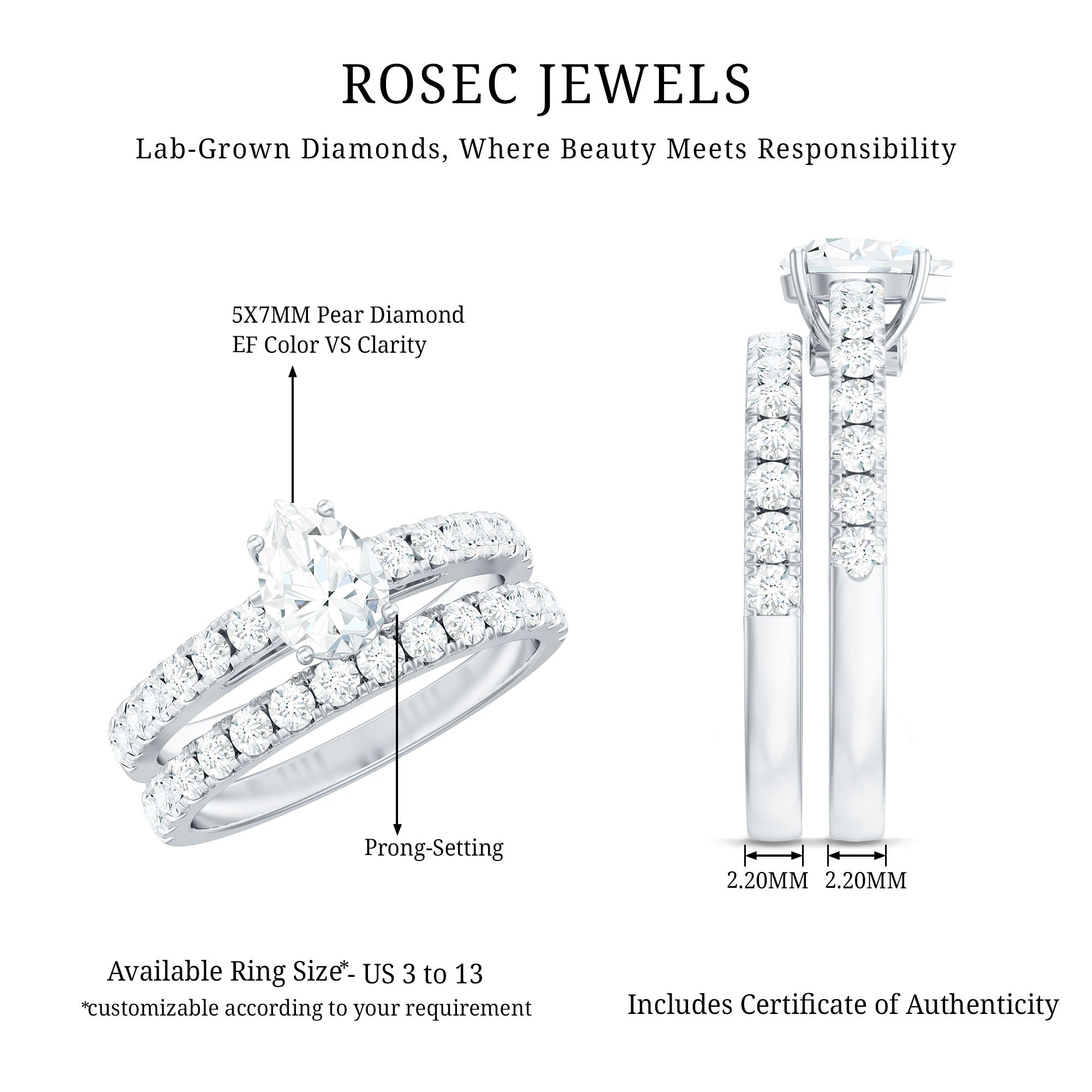 Minimal Pear Shape Lab Grown Diamond Wedding Ring Set Lab - ( EF-VS ) - Rosec Jewels