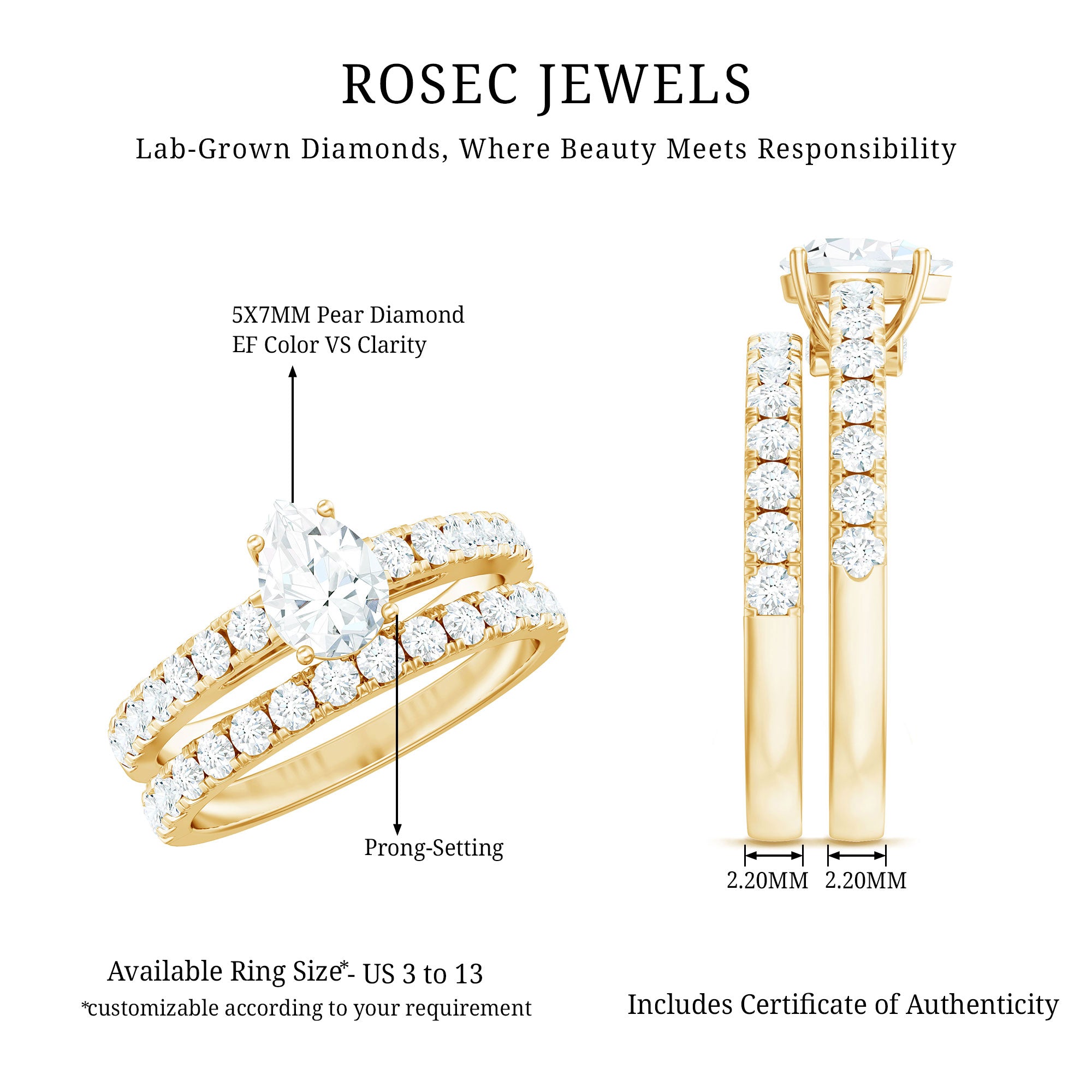 Minimal Pear Shape Lab Grown Diamond Wedding Ring Set Lab - ( EF-VS ) - Rosec Jewels