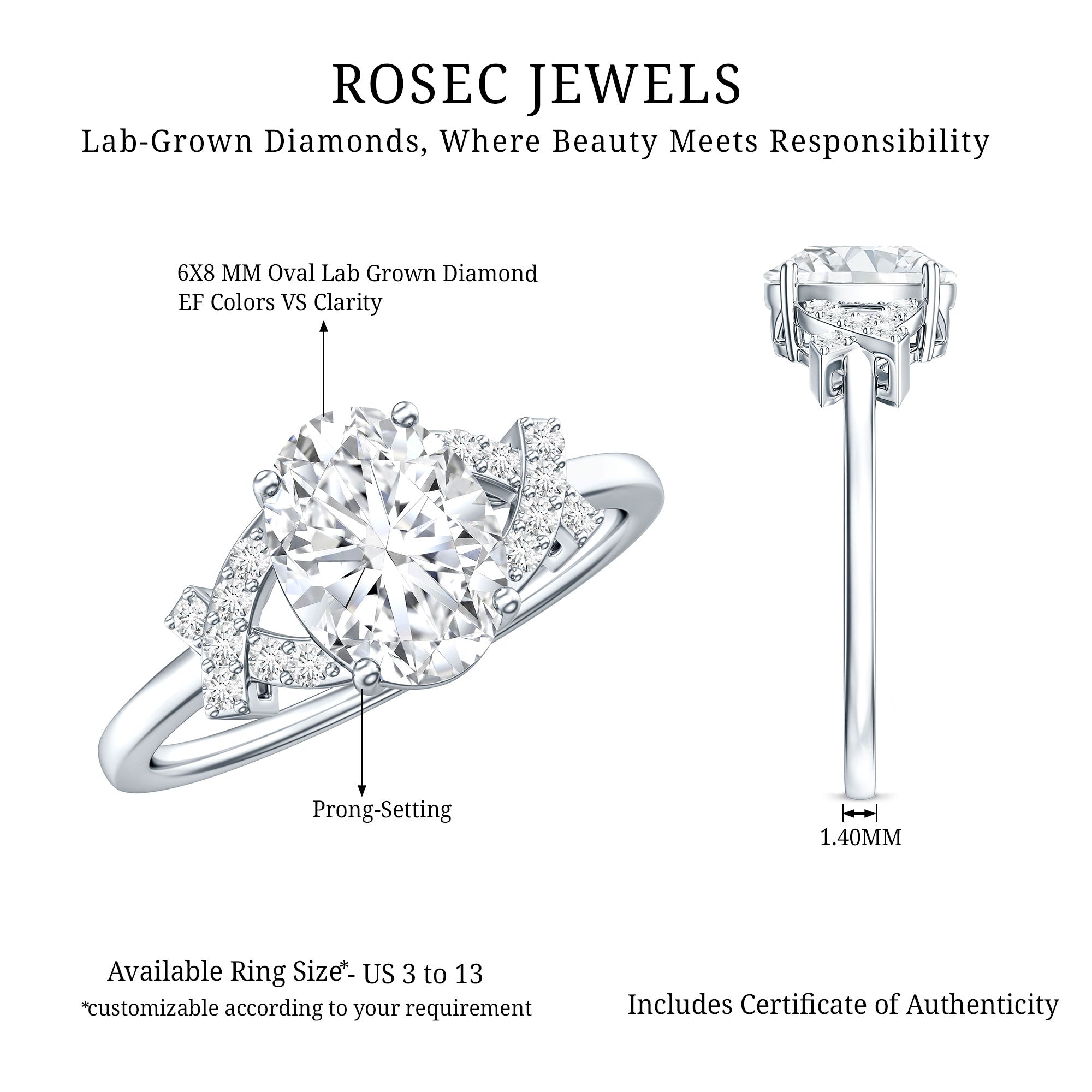 Oval Shape Lab Grown Diamond Solitaire Ring in Split Shank Lab - ( EF-VS ) - Rosec Jewels