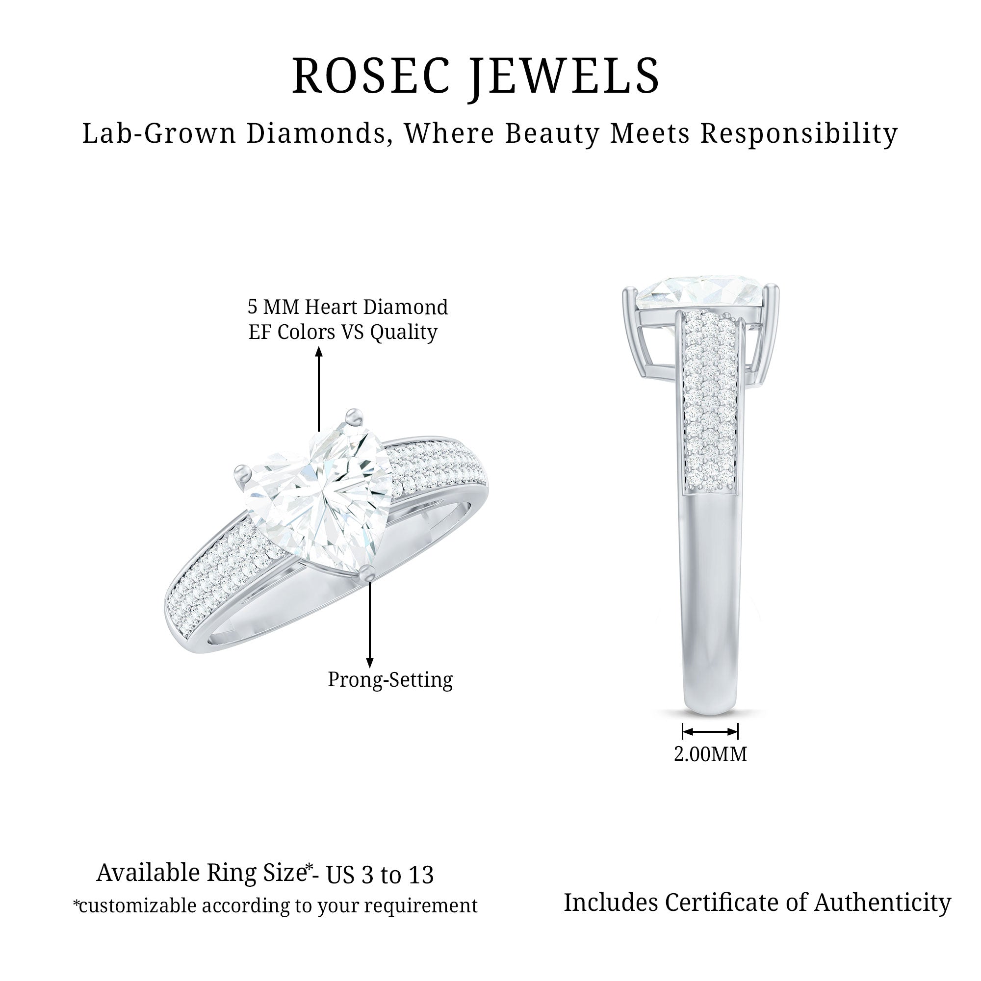 Heart Shape Lab Grown Diamond Solitaire Ring with Side Stones Lab - ( EF-VS ) - Rosec Jewels