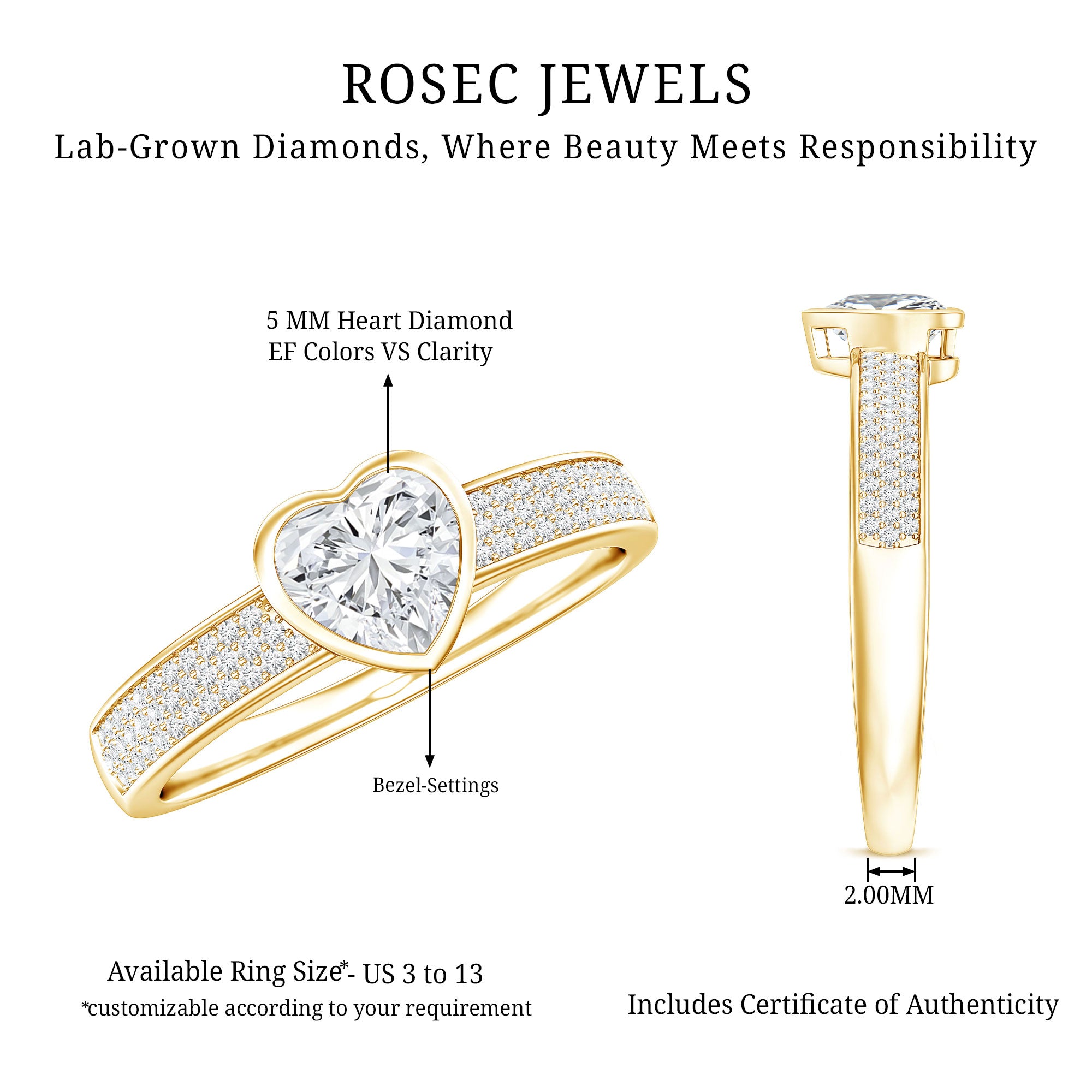 Heart Shape Lab Grown Diamond Solitaire Ring with Side Stones Lab - ( EF-VS ) - Rosec Jewels