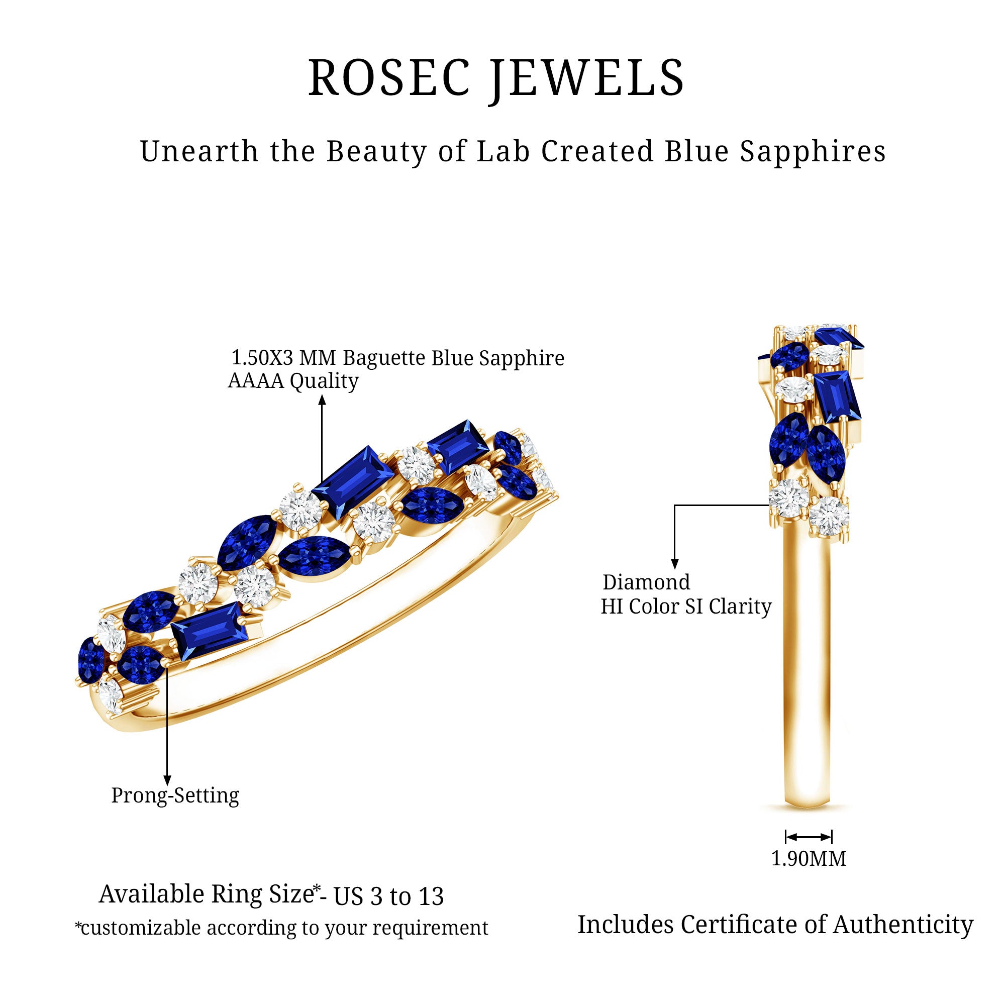 Certified Lab Grown Blue Sapphire Diamond Half Eternity Band Ring AAAA - Rosec Jewels