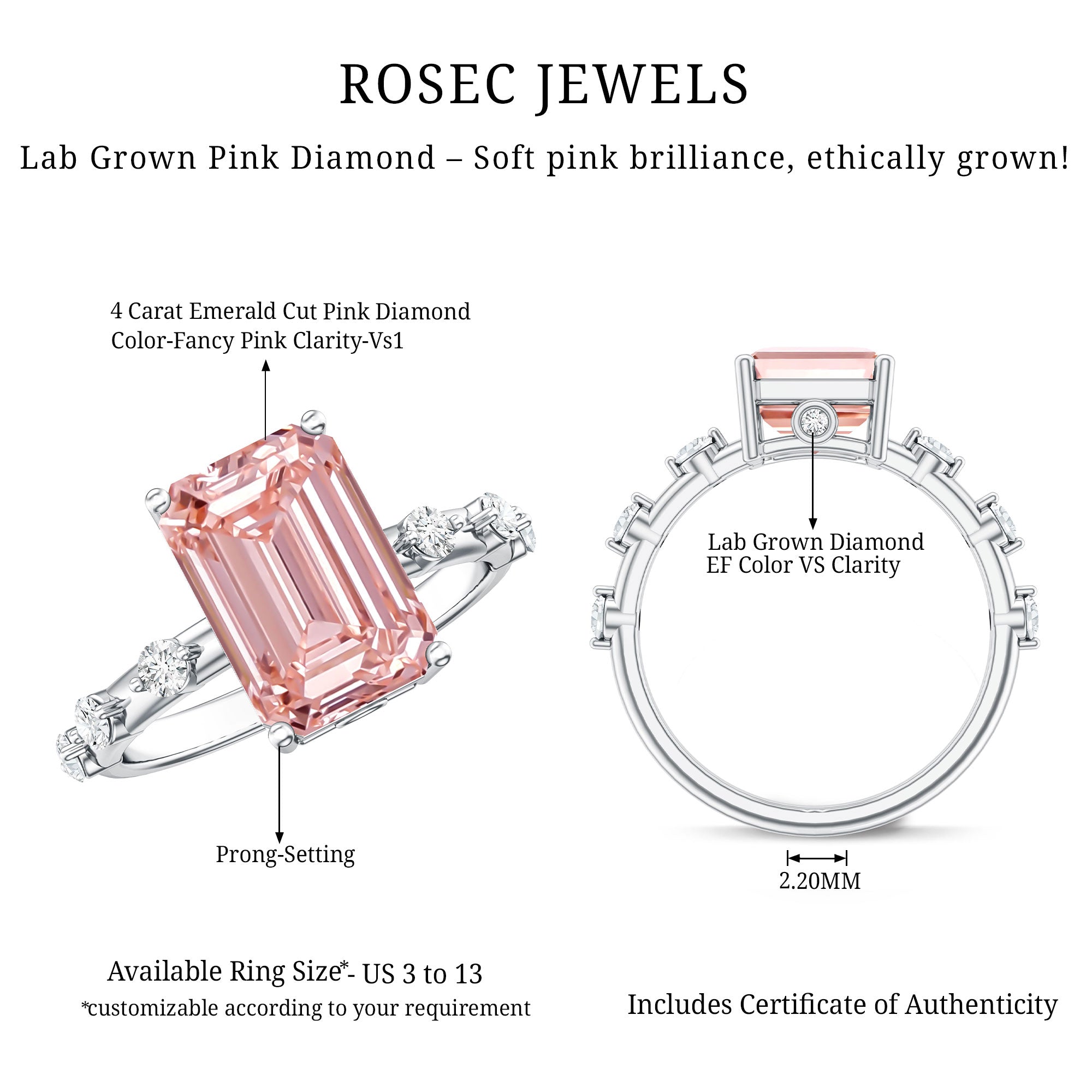 Rosec Jewels-IGI Verified 4 Carat Lab Grown Pink Diamond Emerald Cut Engagement Ring for Women
