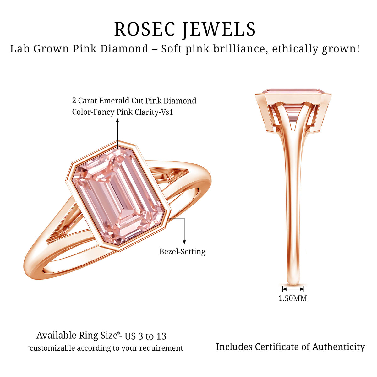 IGI Graded 2 Carat Emerald Cut Split Shank Engagement Ring with Lab Grown Pink Diamond Fancy Pink - VS1 - Rosec Jewels