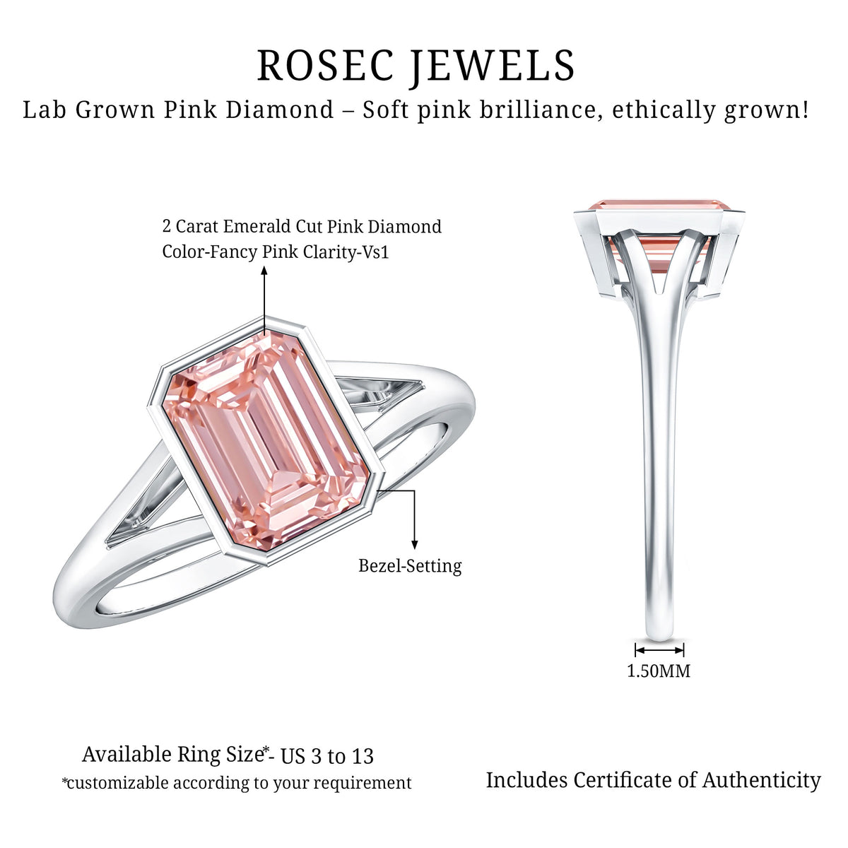 IGI Graded 2 Carat Emerald Cut Split Shank Engagement Ring with Lab Grown Pink Diamond Fancy Pink - VS1 - Rosec Jewels
