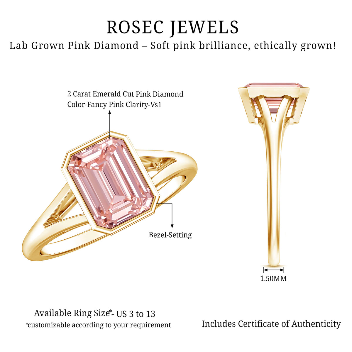 IGI Graded 2 Carat Emerald Cut Split Shank Engagement Ring with Lab Grown Pink Diamond Fancy Pink - VS1 - Rosec Jewels