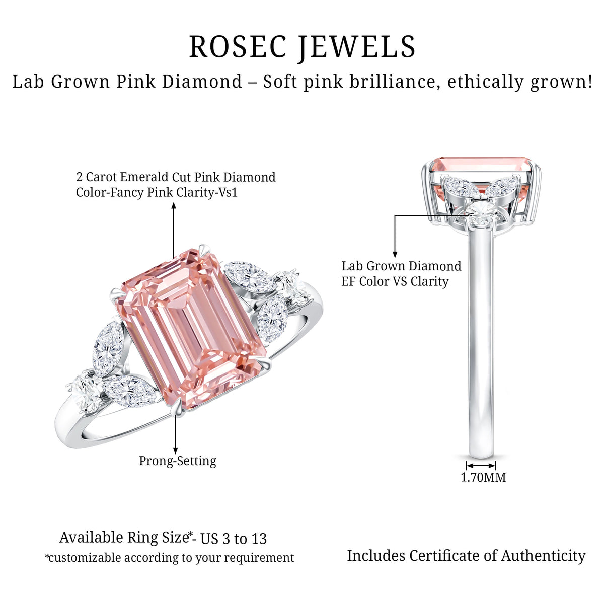 Rosec Jewels-IGI Authenticated 2 Carat Lab Grown Pink Diamond Emerald Cut Engagement Ring