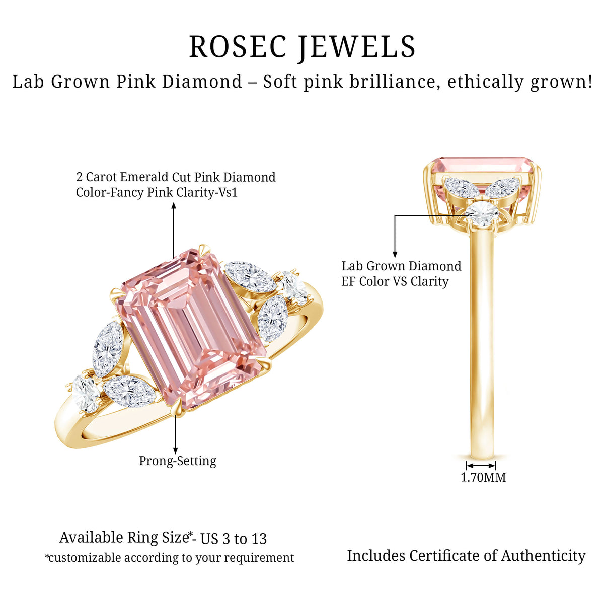 Rosec Jewels-IGI Authenticated 2 Carat Lab Grown Pink Diamond Emerald Cut Engagement Ring