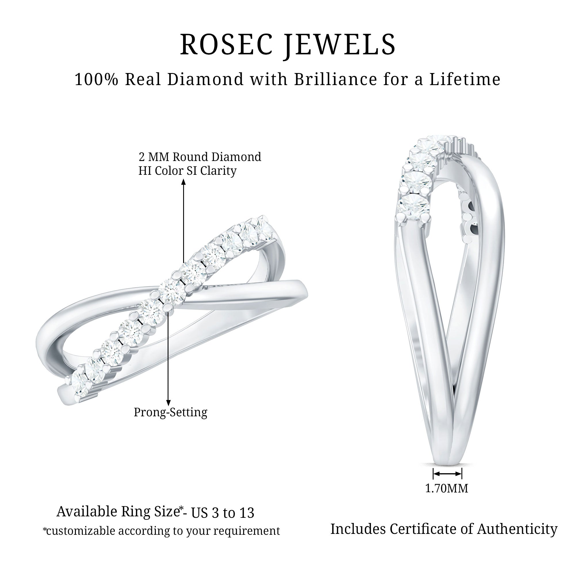 Natural Diamond Crossover Promise Ring Natural - ( HI-SI ) - Rosec Jewels