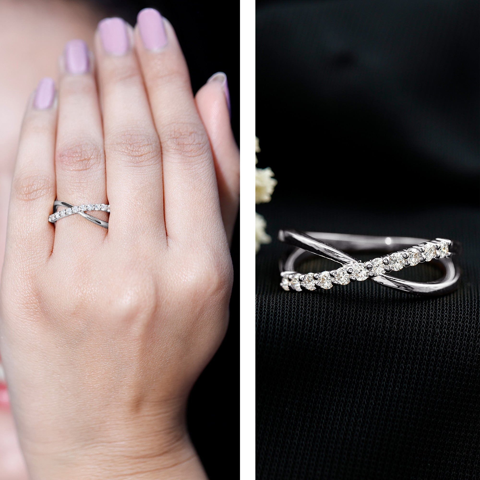 Natural Diamond Crossover Promise Ring Natural - ( HI-SI ) - Rosec Jewels