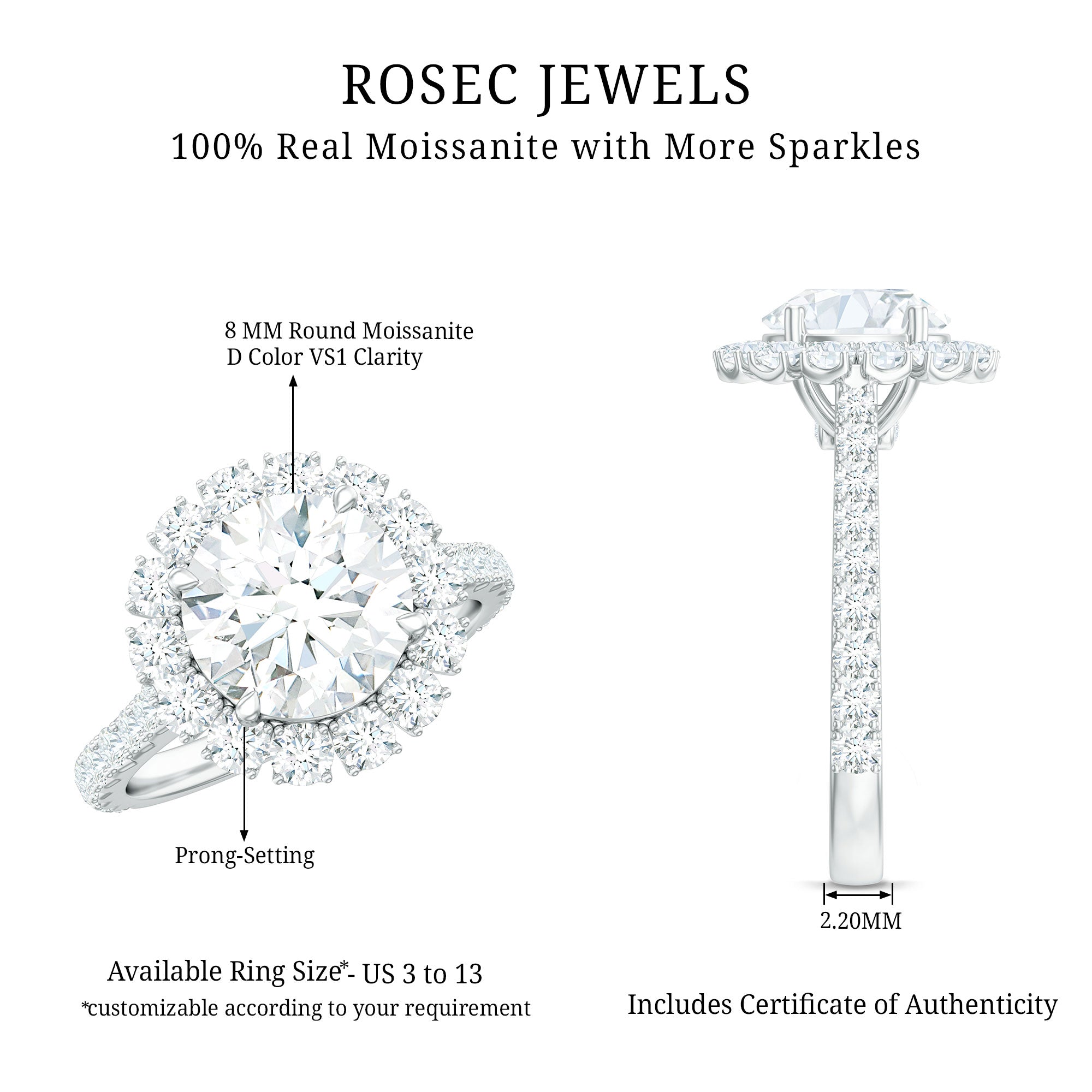 Certified Brilliant Cut Moissanite Halo Engagement Ring D-VS1 - Rosec Jewels