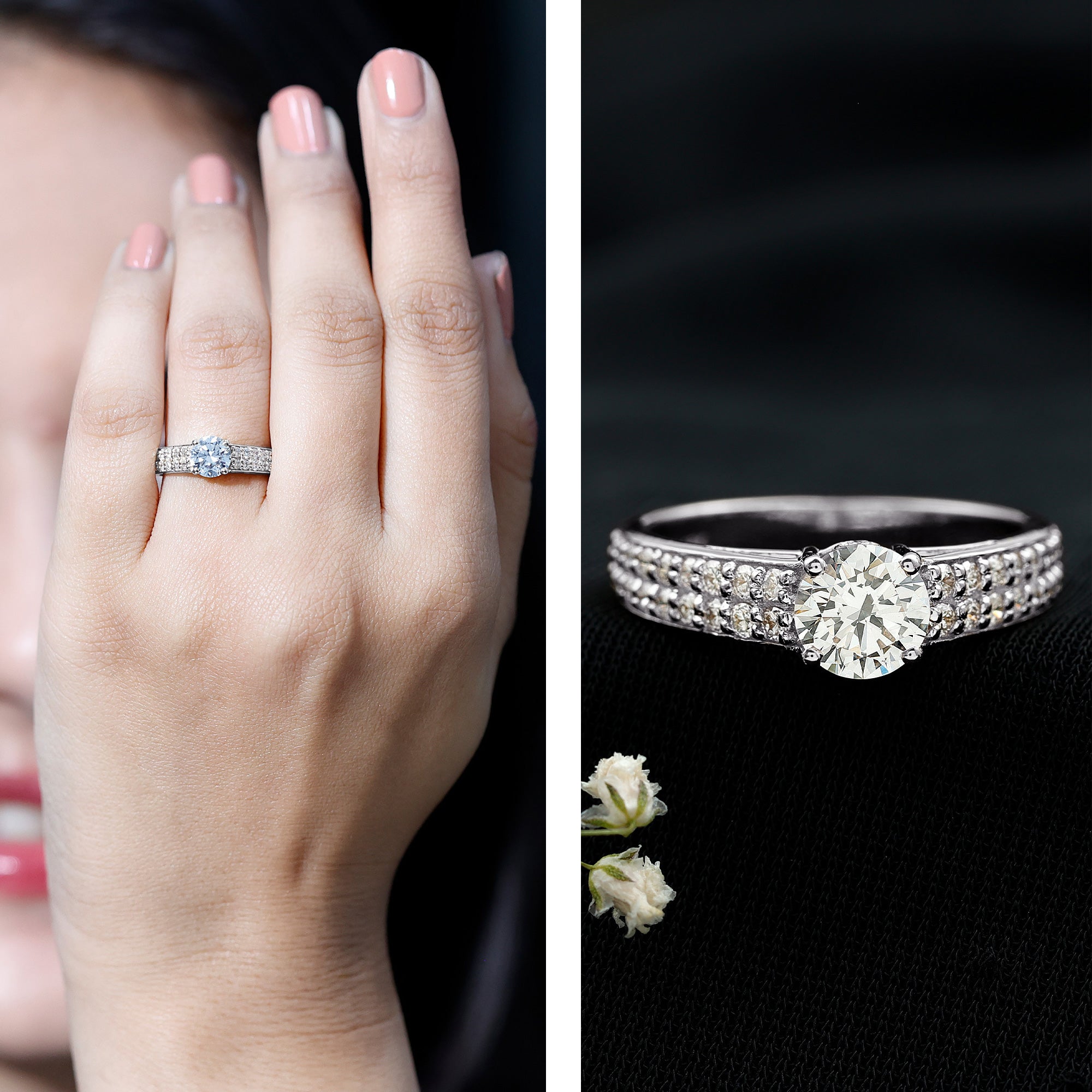Round Moissanite Engagement Ring with Side Stones D-VS1 - Rosec Jewels