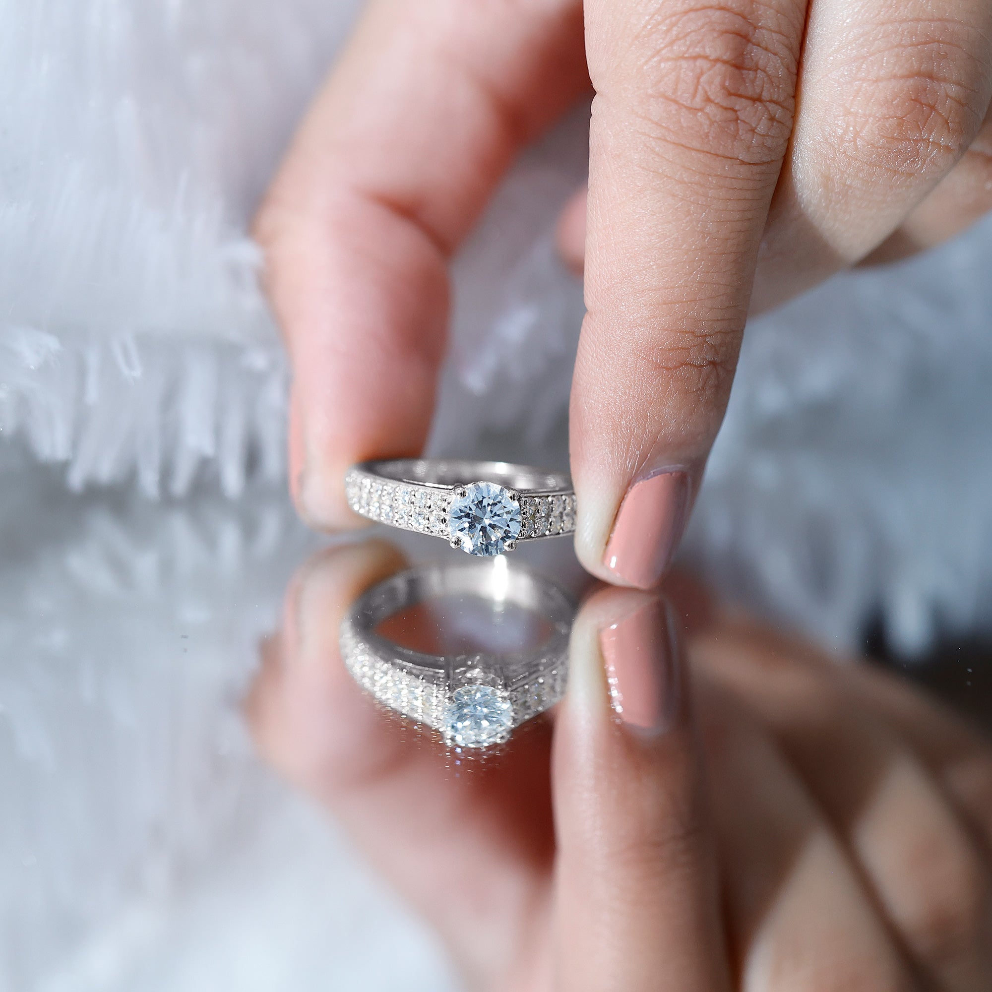 Round Moissanite Engagement Ring with Side Stones D-VS1 - Rosec Jewels