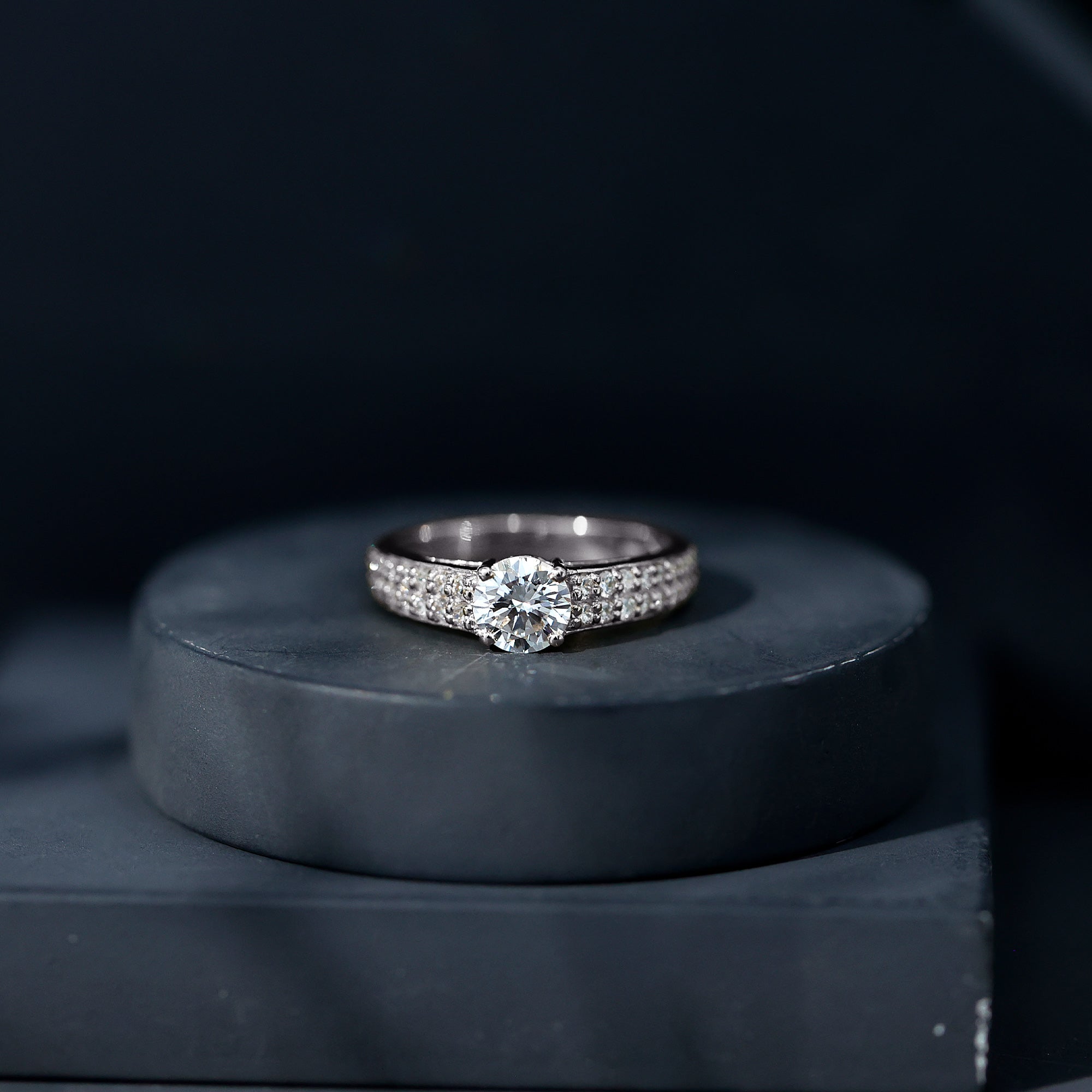 Round Moissanite Engagement Ring with Side Stones D-VS1 - Rosec Jewels