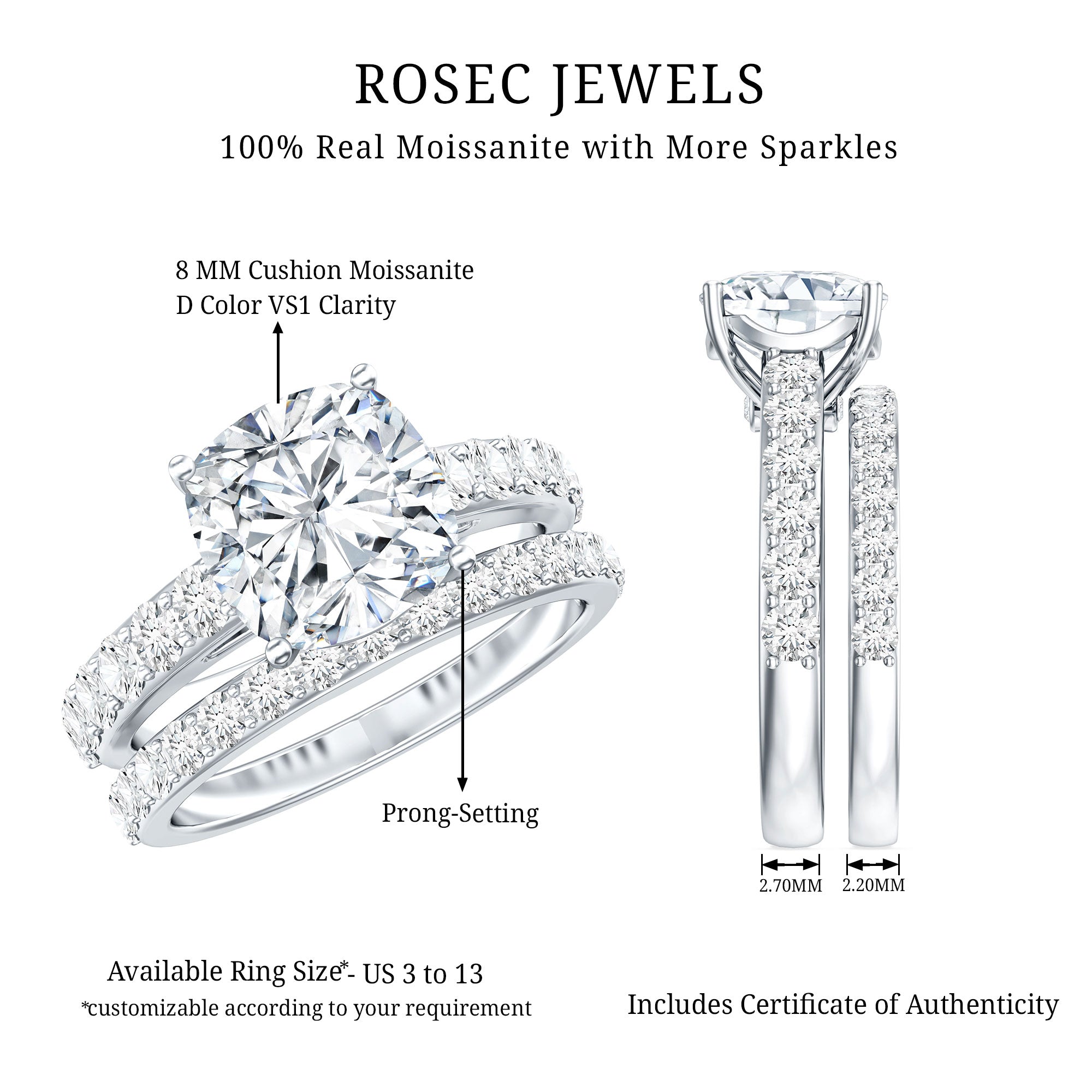 4 CT Prong Set Moissanite Solitaire Engagement Ring with Wedding Band D-VS1 - Rosec Jewels