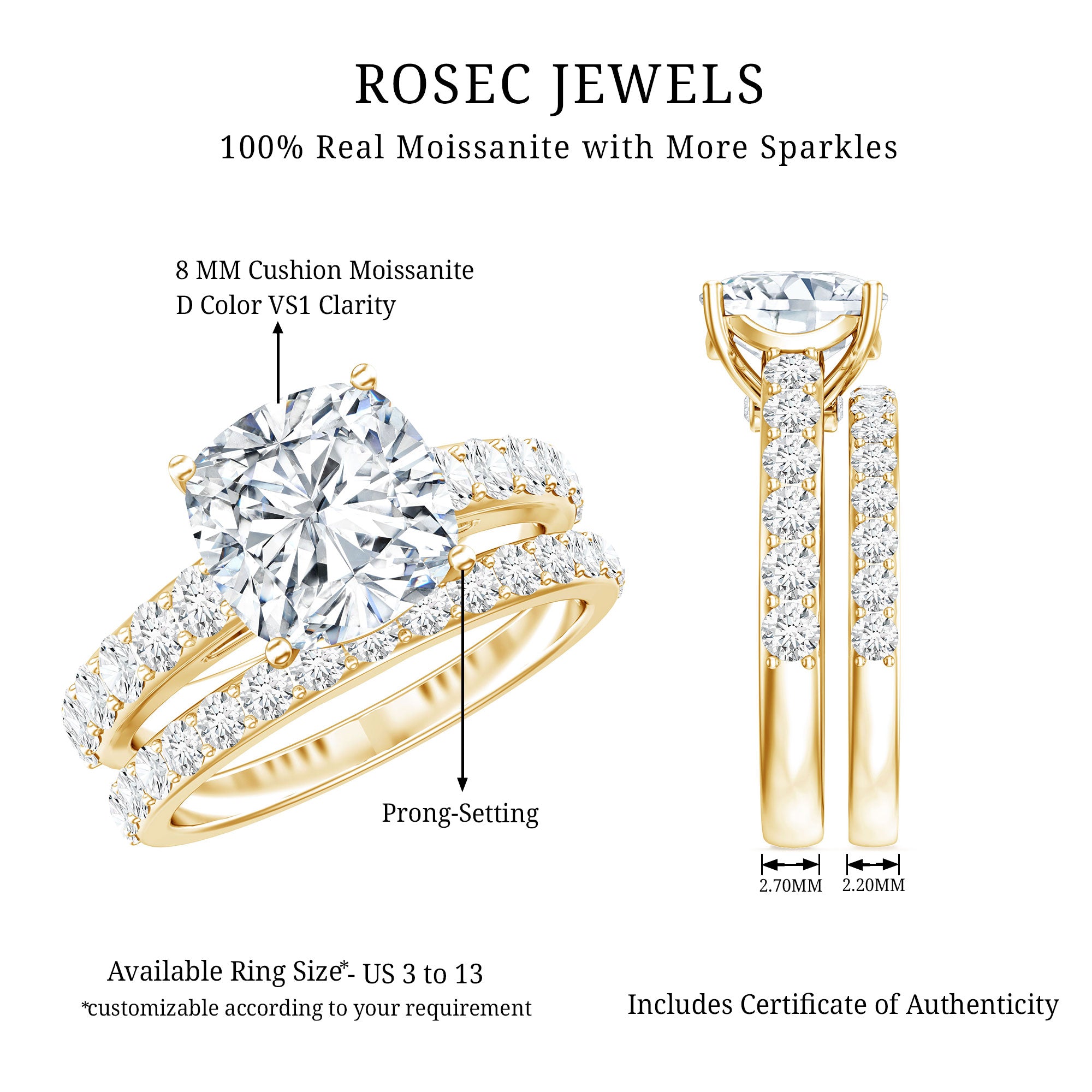 4 CT Prong Set Moissanite Solitaire Engagement Ring with Wedding Band D-VS1 - Rosec Jewels