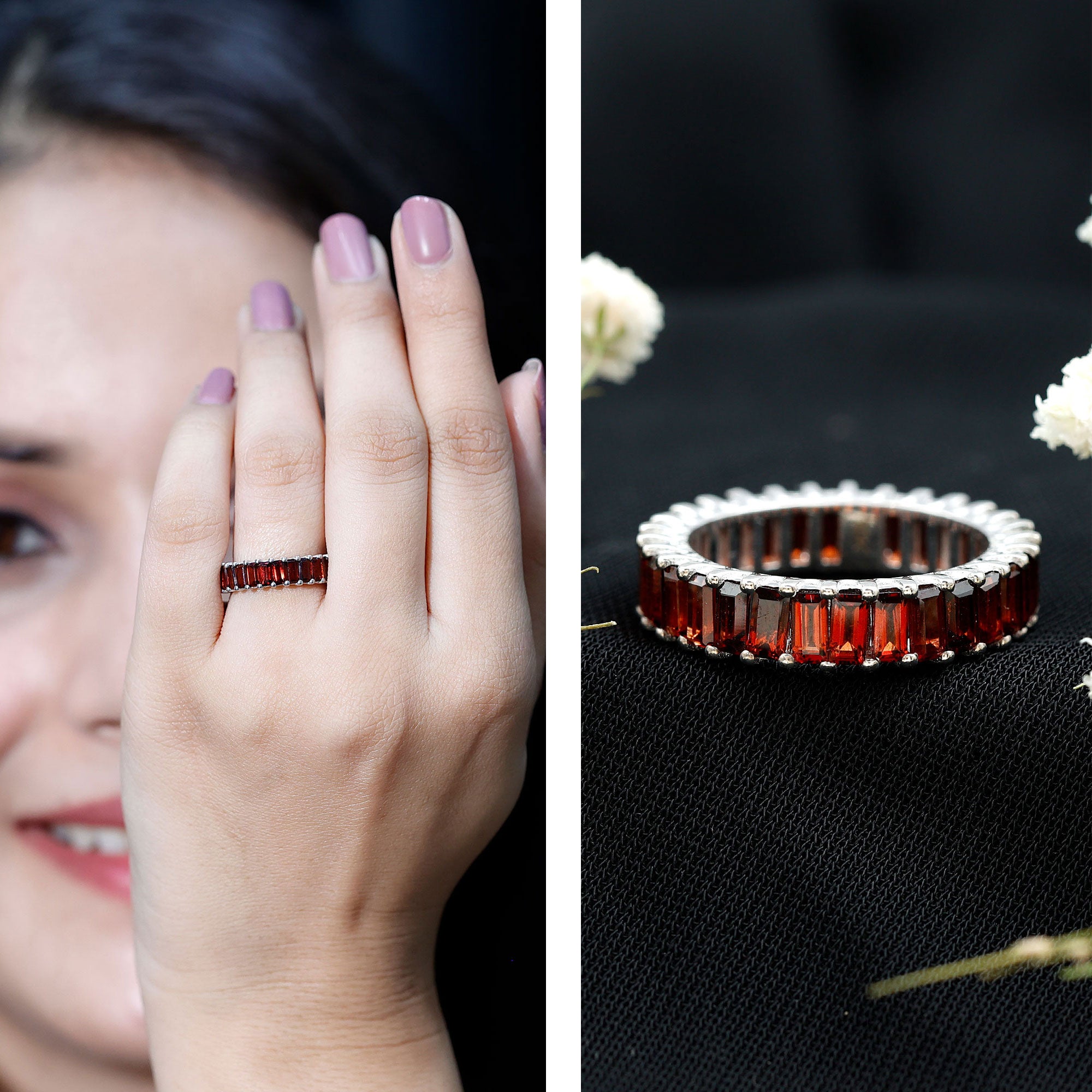 Certified Natural Baguette Garnet Eternity Band Ring AAA - Rosec Jewels