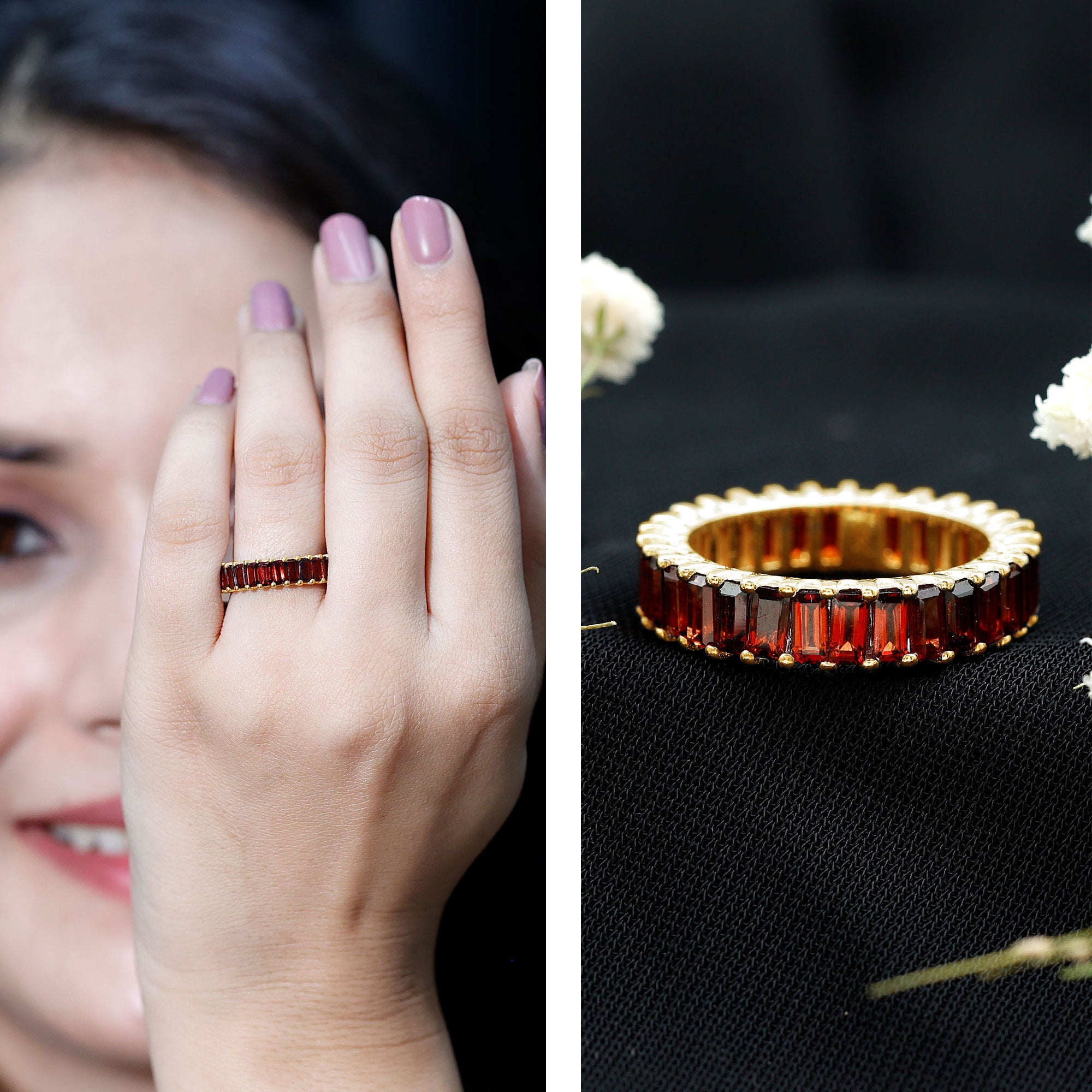 Certified Natural Baguette Garnet Eternity Band Ring AAA - Rosec Jewels