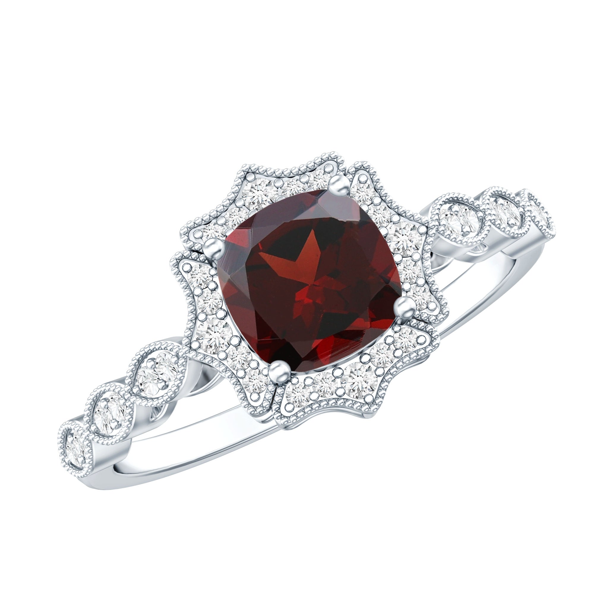 Vintage Looking 3.2 Carat Garnet Cushion Cut Engagement Ring with Diamond AAA - Rosec Jewels