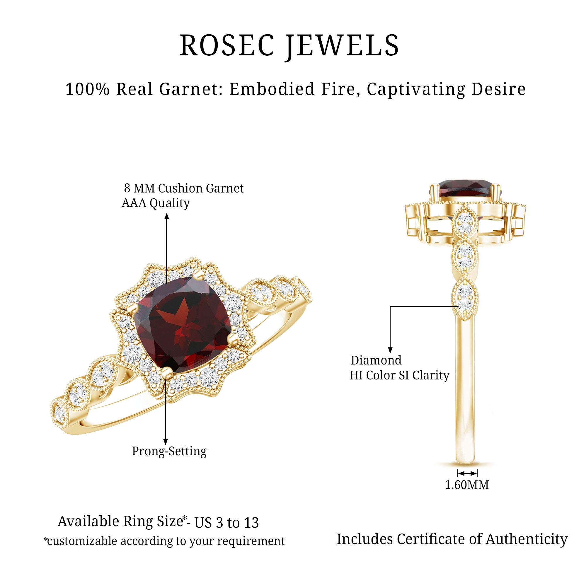 Vintage Looking 3.2 Carat Garnet Cushion Cut Engagement Ring with Diamond AAA - Rosec Jewels