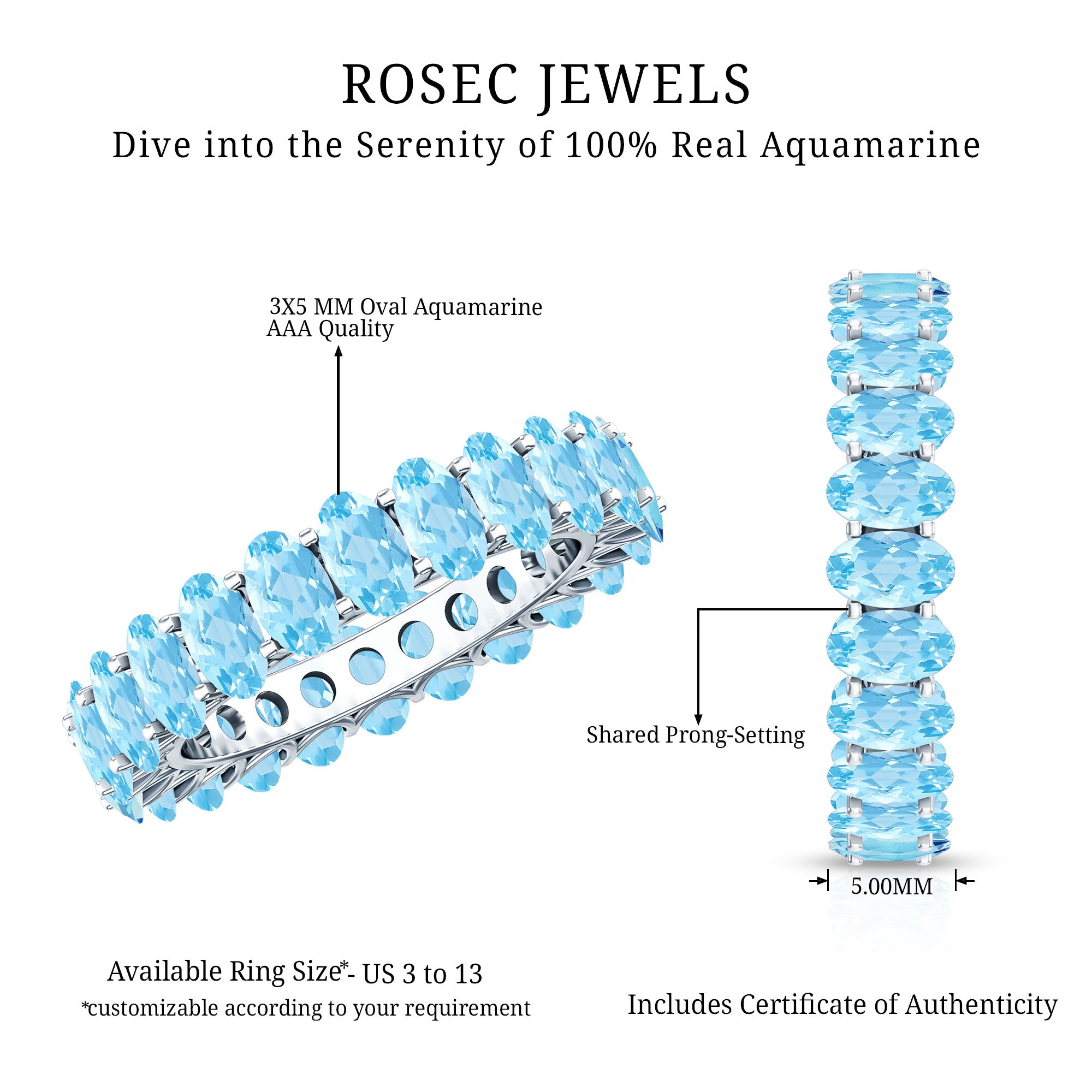 Oval Cut Aquamarine Eternity Wedding Band AAA - Rosec Jewels