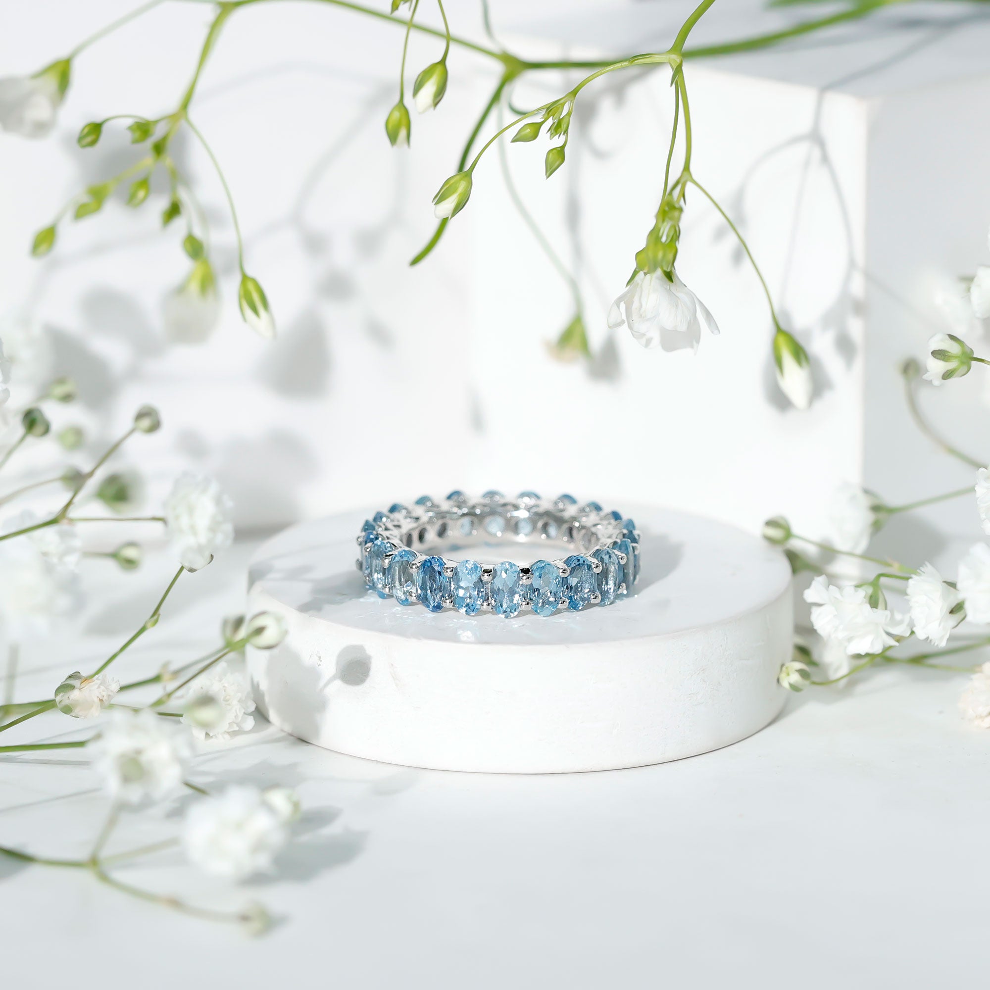 Oval Cut Aquamarine Eternity Wedding Band AAA - Rosec Jewels