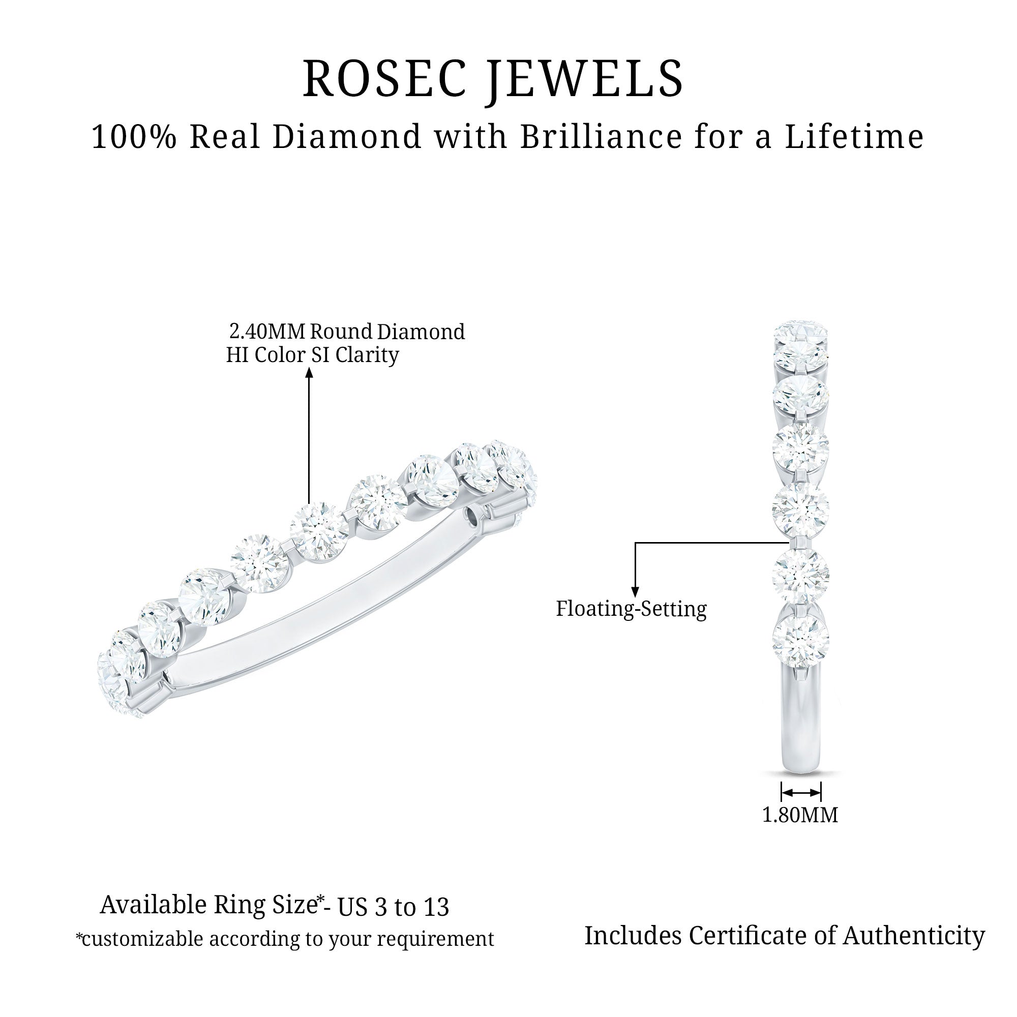 Round Shape Floating Diamond Half Eternity Ring Natural - ( HI-SI ) - Rosec Jewels