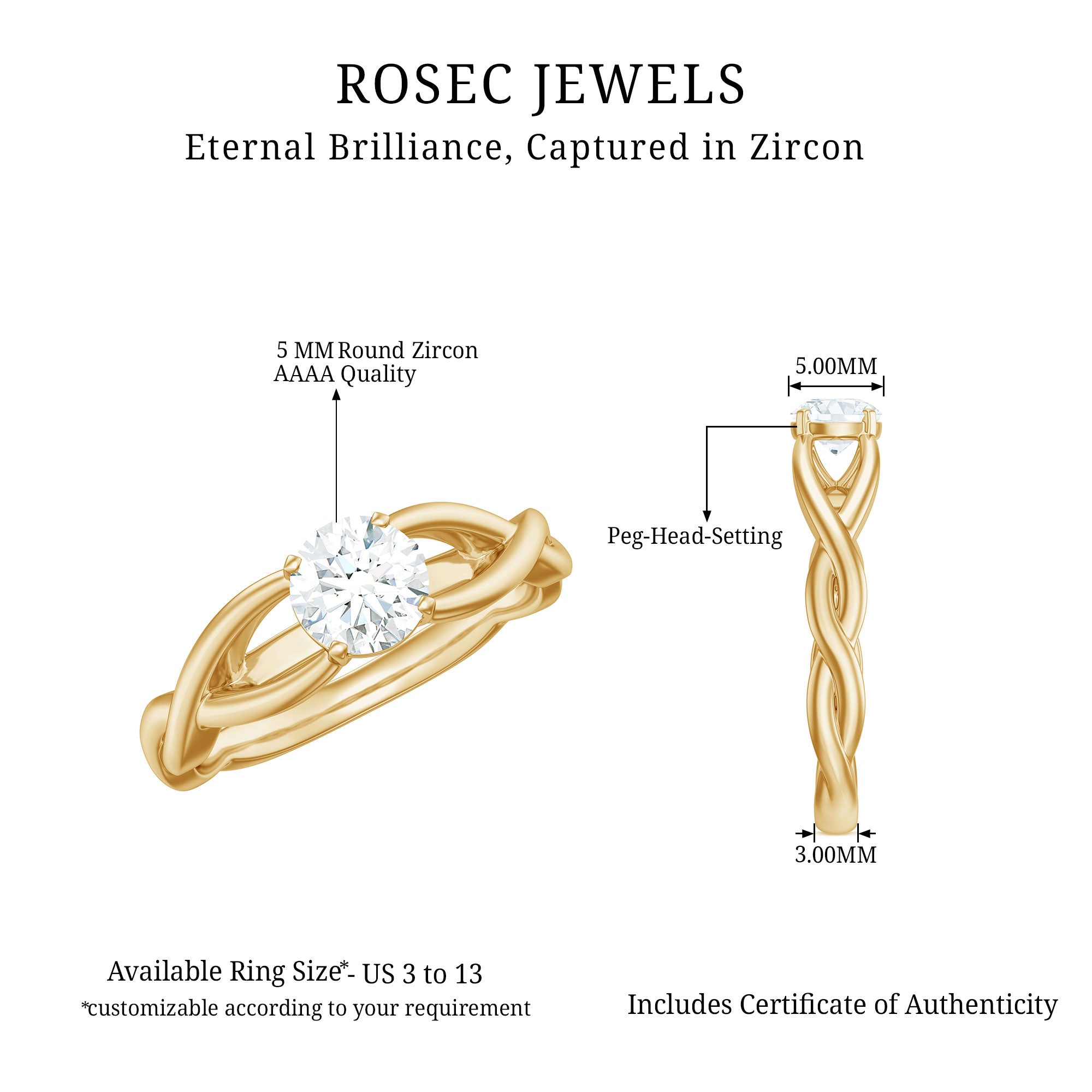 Certified Zircon Solitaire Ring with Crossover Shank AAAA - Rosec Jewels