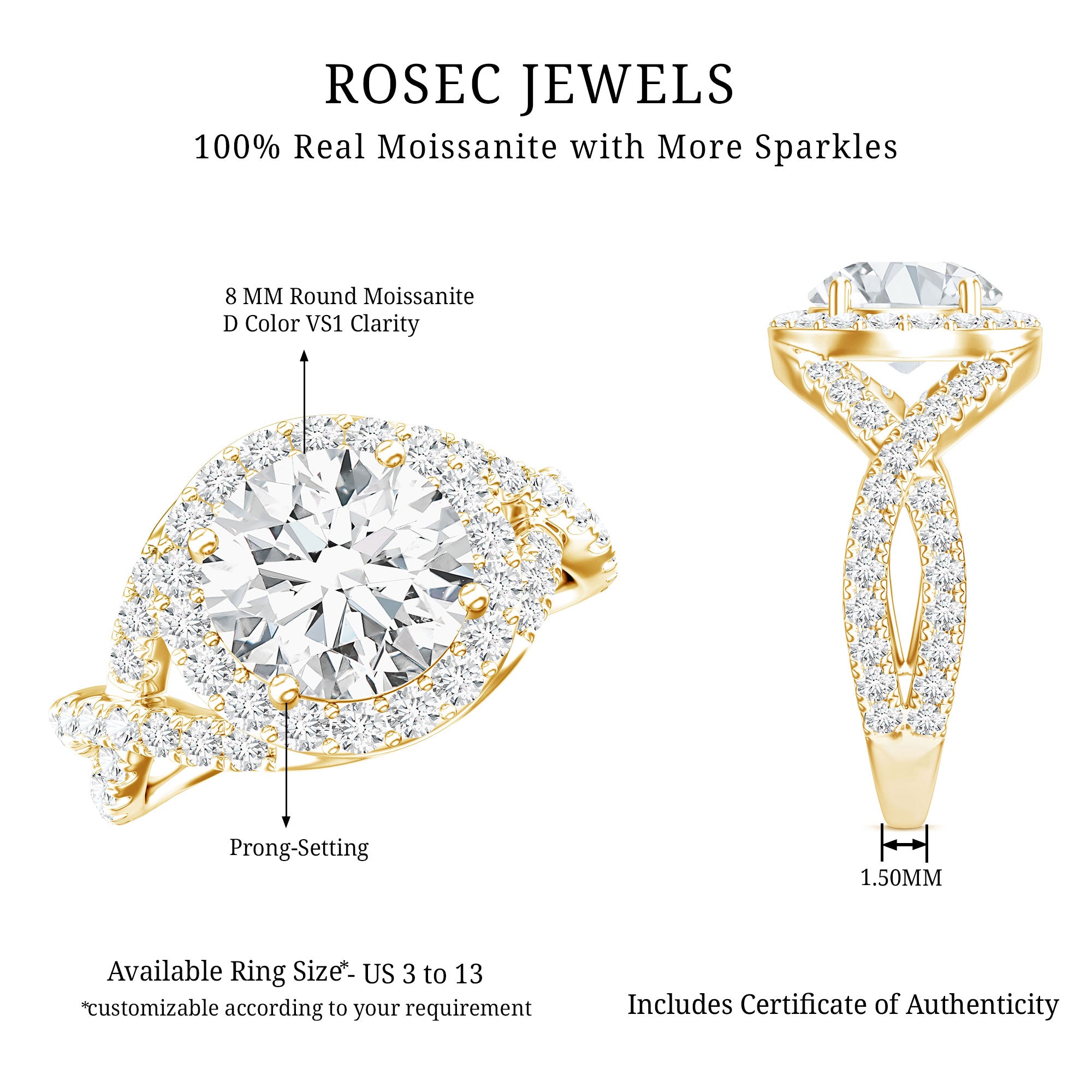 Round Moissanite Crossover Engagement Ring for Women D-VS1 - Rosec Jewels