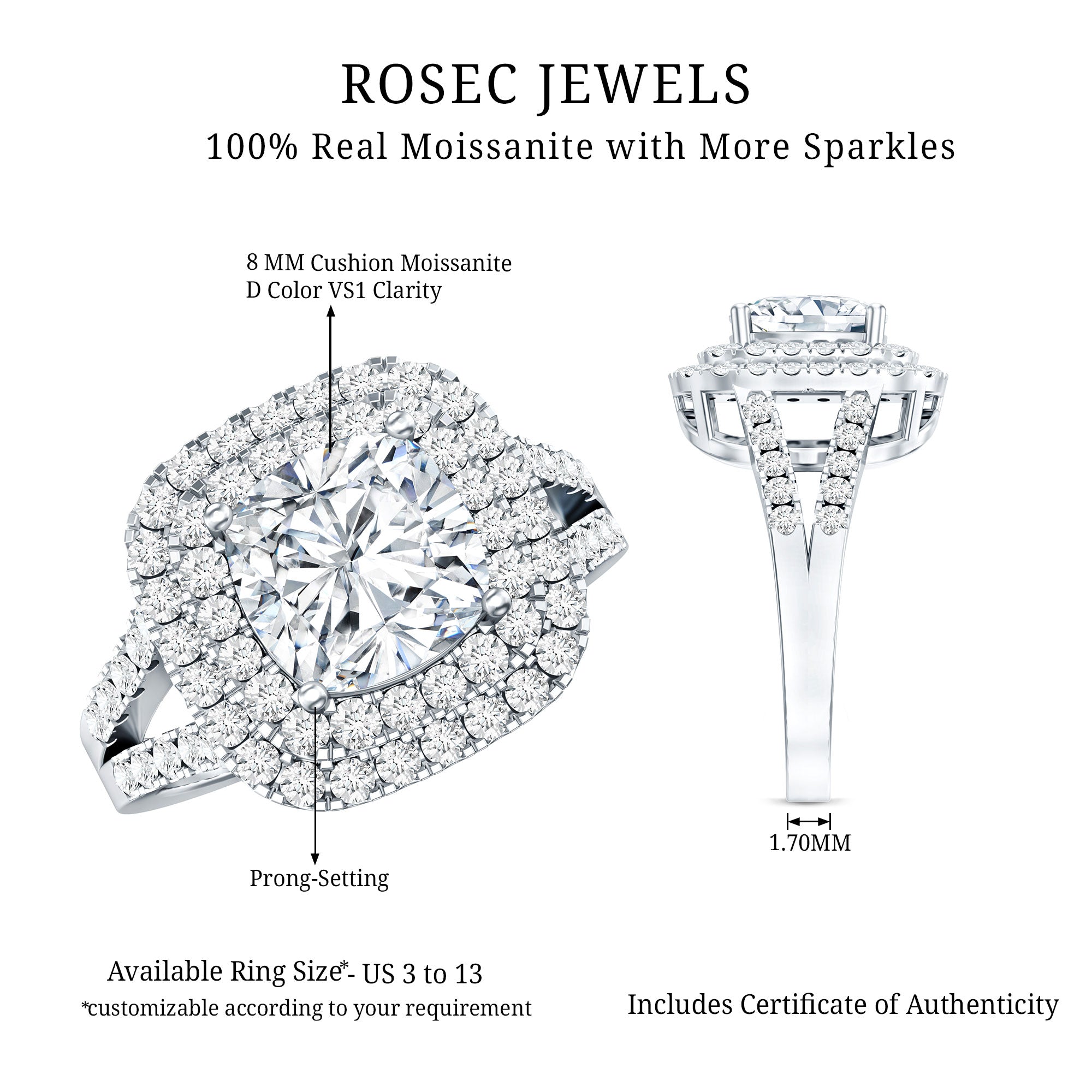 Certified Cushion Cut Moissanite Double Halo Engagement Ring D-VS1 - Rosec Jewels