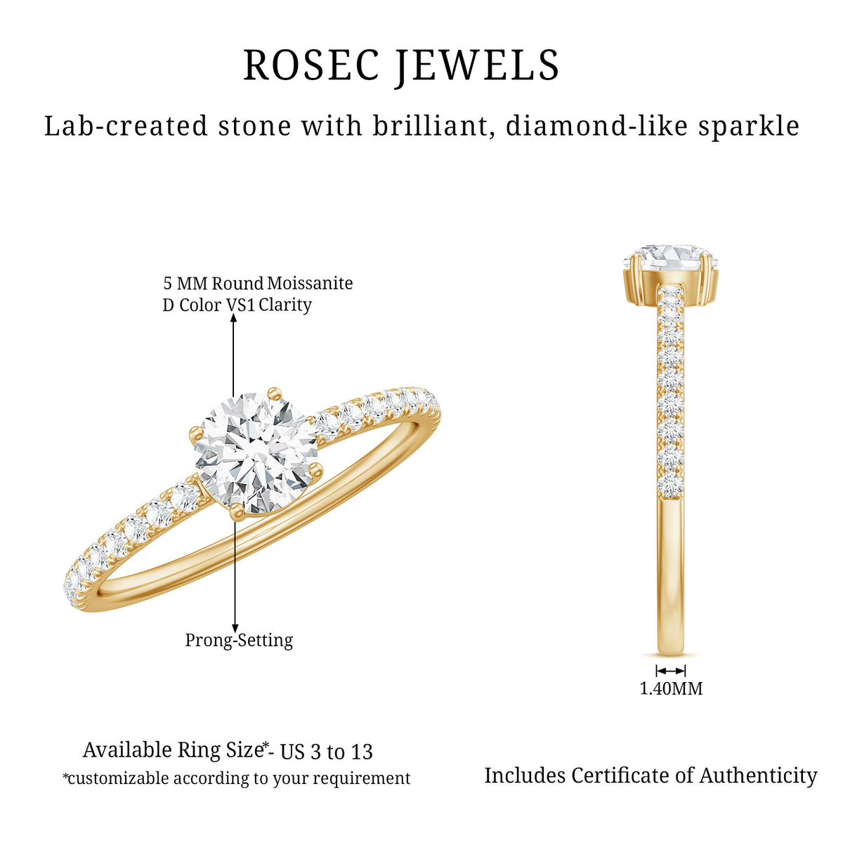 Round Shape Moissanite Solitaire Promise Ring with Side Stones D-VS1 - Rosec Jewels
