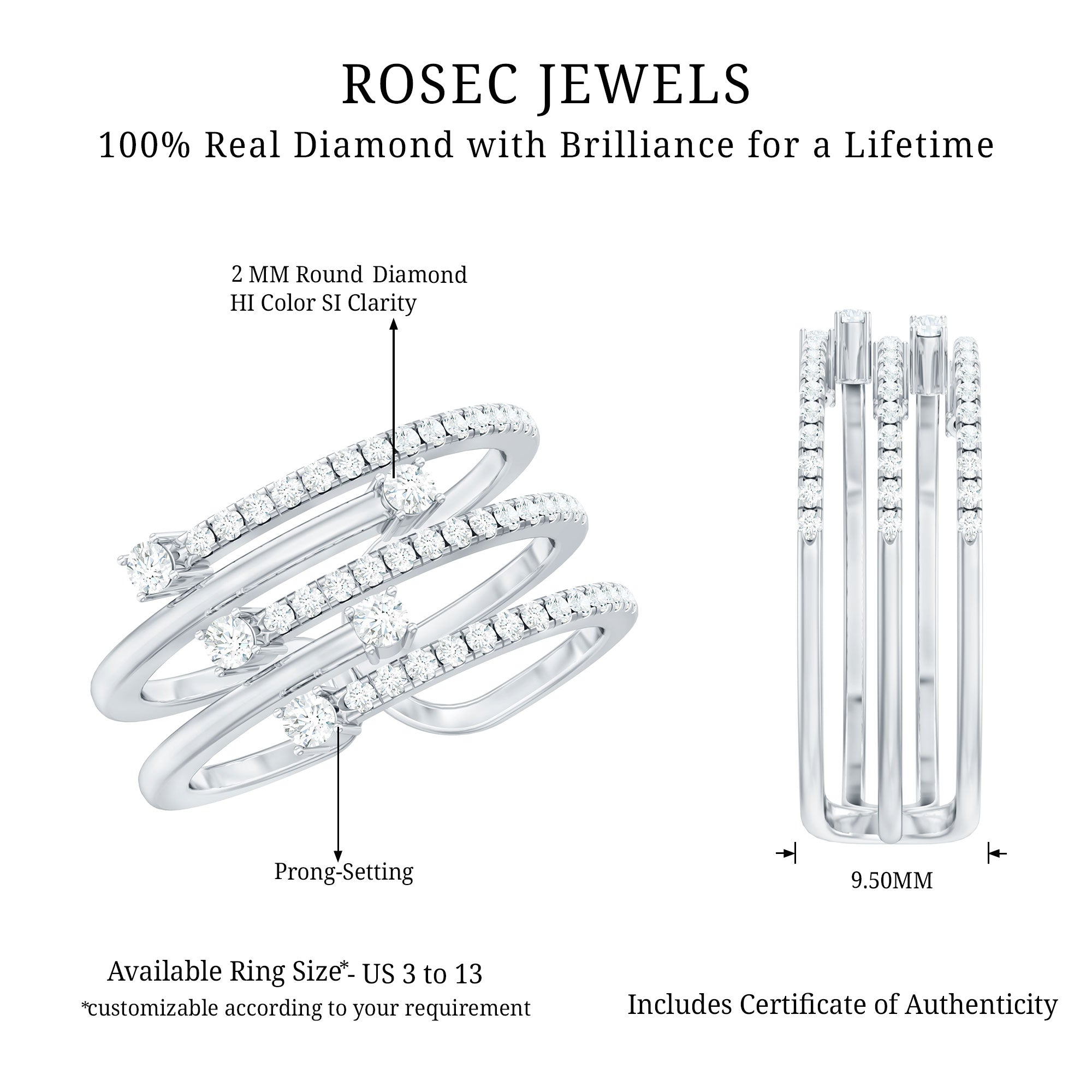 Certified Diamond Cocktail Wrap Ring Natural - ( HI-SI ) - Rosec Jewels