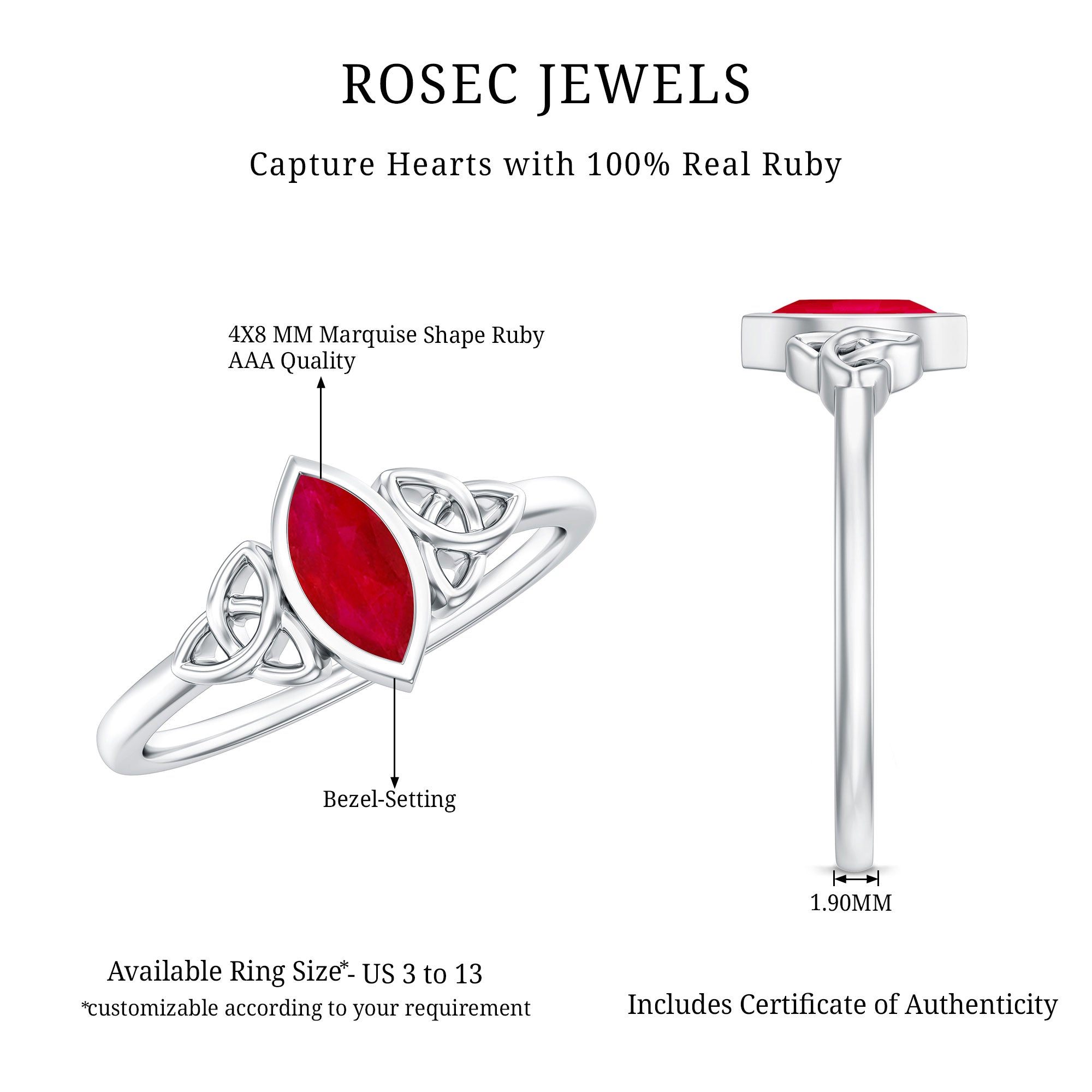 Natural Marquise Ruby Promise Ring with Celtic Knot AAA - Rosec Jewels