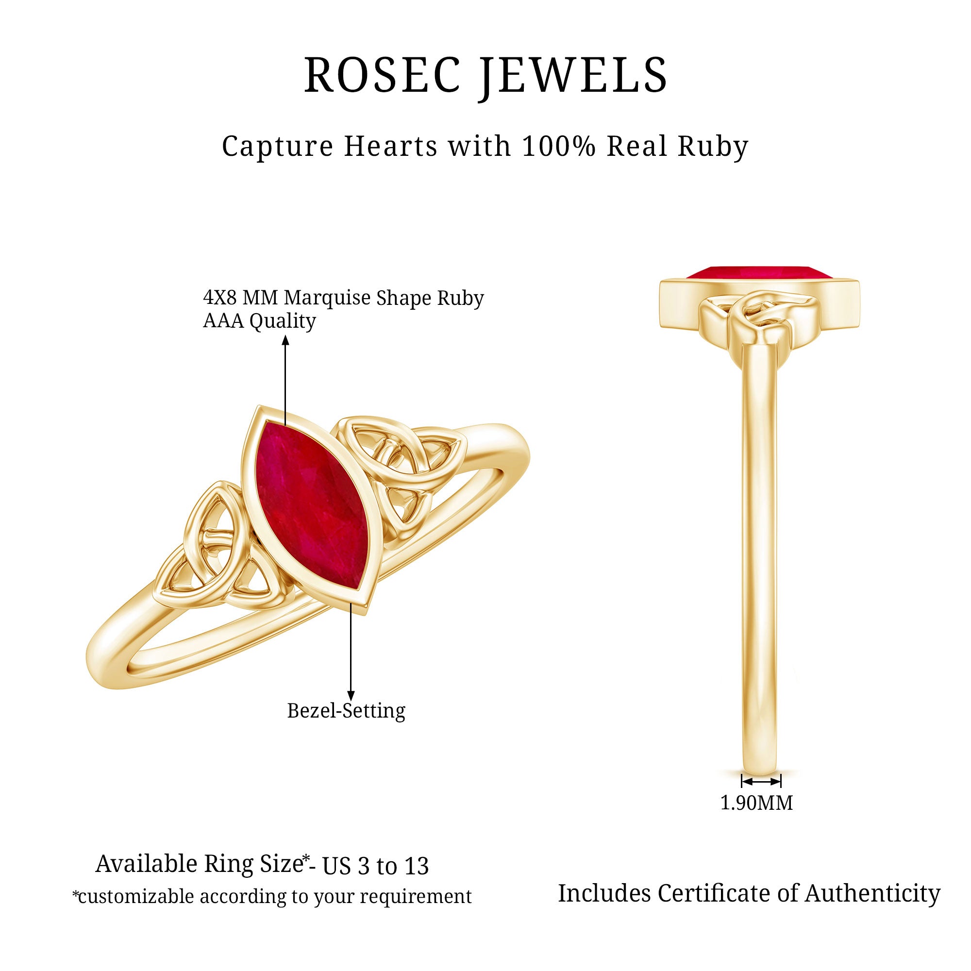 Natural Marquise Ruby Promise Ring with Celtic Knot AAA - Rosec Jewels