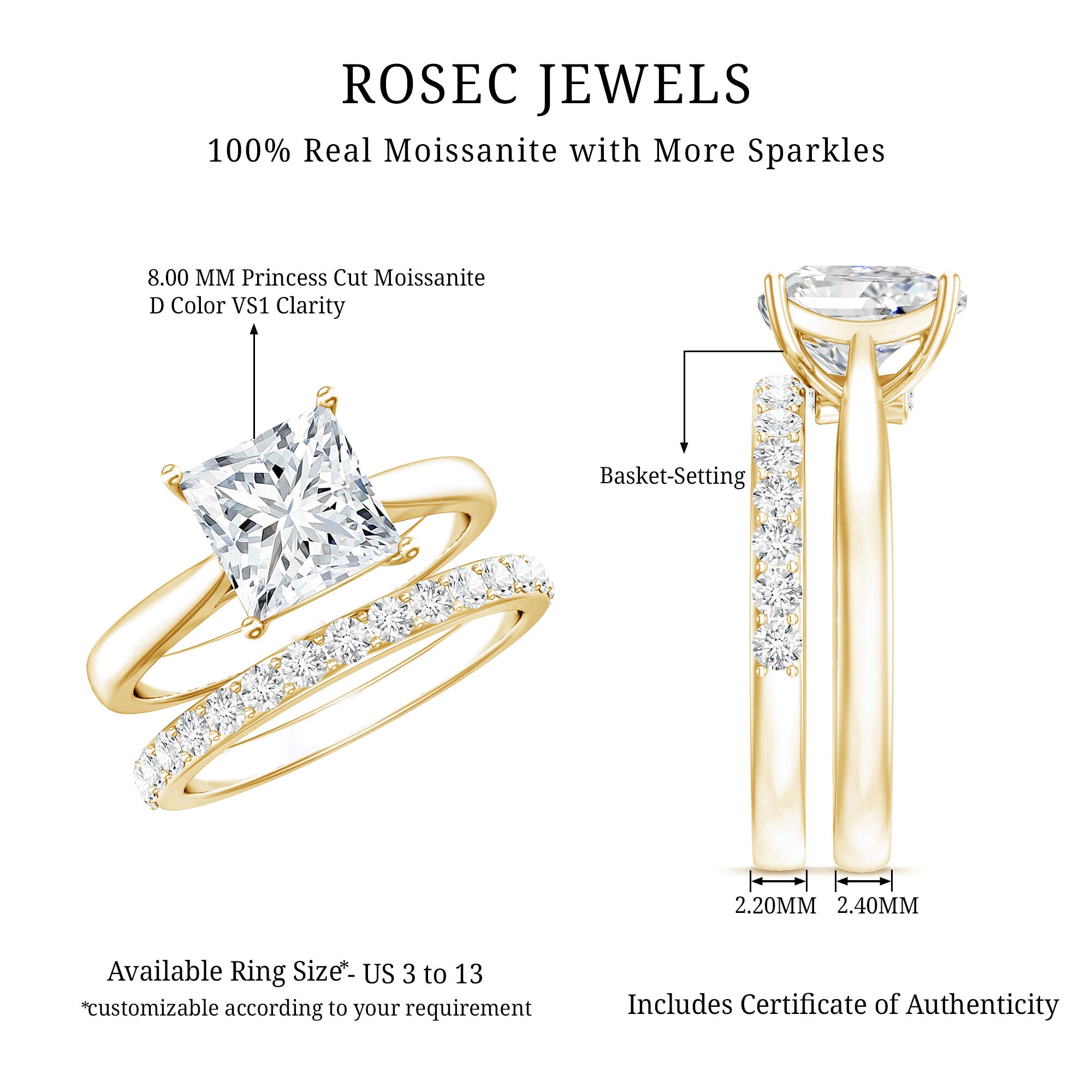 Certified 3 Carat Princess Cut Moissanite Engagement Ring with Wedding Band D-VS1 - Rosec Jewels