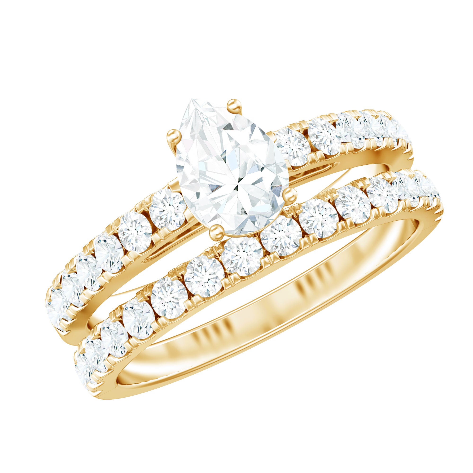 Pear Shaped Moissanite Engagement Ring with Wedding Band D-VS1 - Rosec Jewels