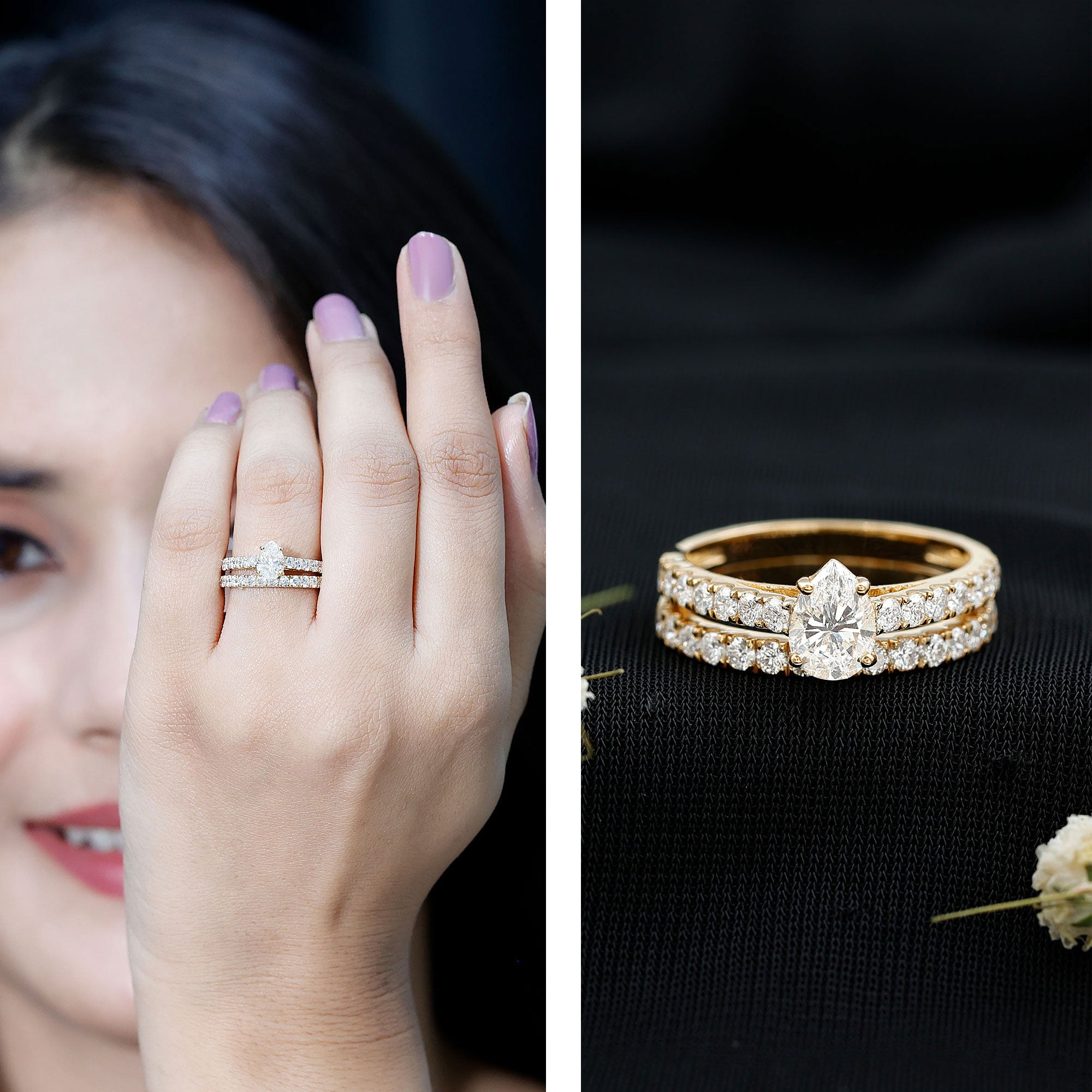 Pear Shaped Moissanite Engagement Ring with Wedding Band D-VS1 - Rosec Jewels