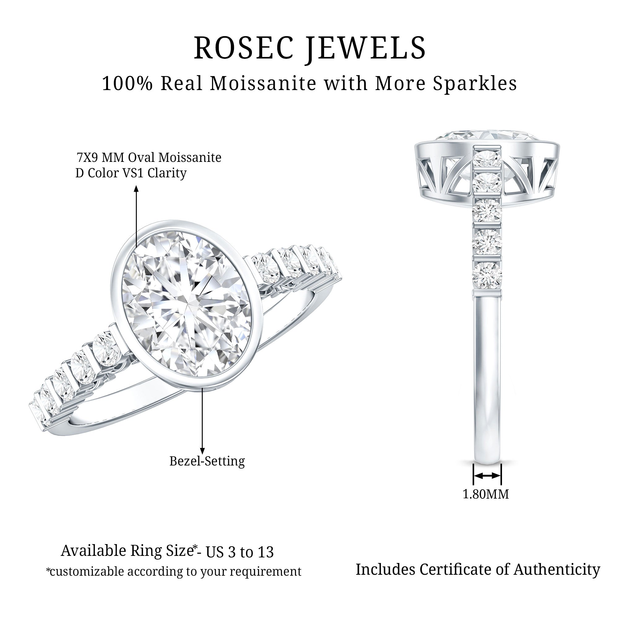 Bezel Set Moissanite Oval Engagement Ring with Side Stones D-VS1 - Rosec Jewels