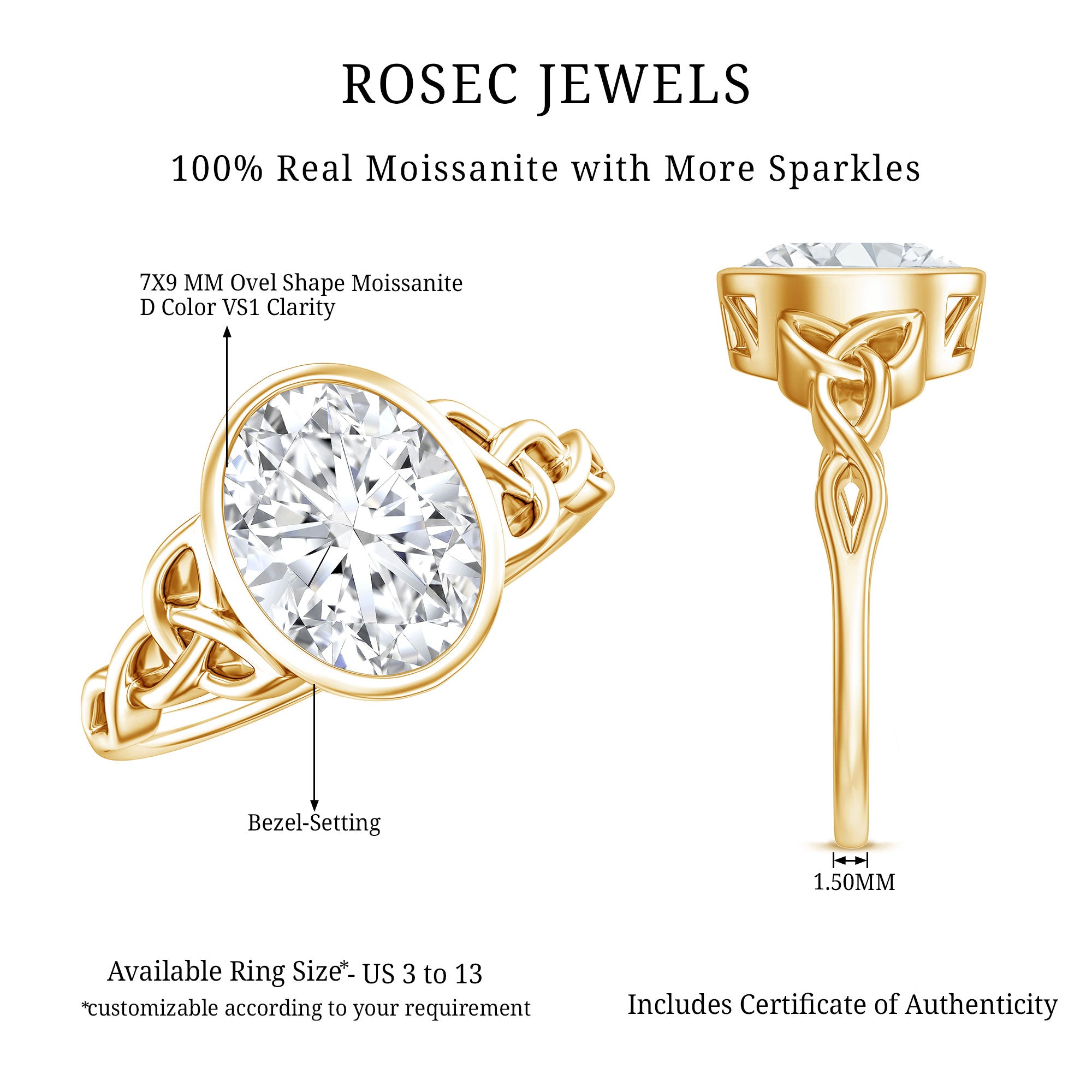 Solitaire Moissanite Celtic Engagement Ring in Bezel Setting D-VS1 - Rosec Jewels