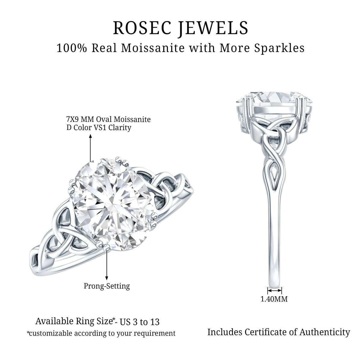 Oval Moissanite Engagement Ring with Celtic Band D-VS1 - Rosec Jewels
