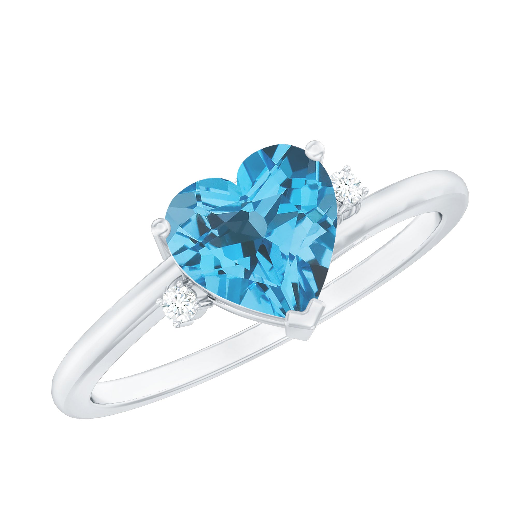Real Swiss Blue Topaz Heart Solitaire Promise Ring with Diamond