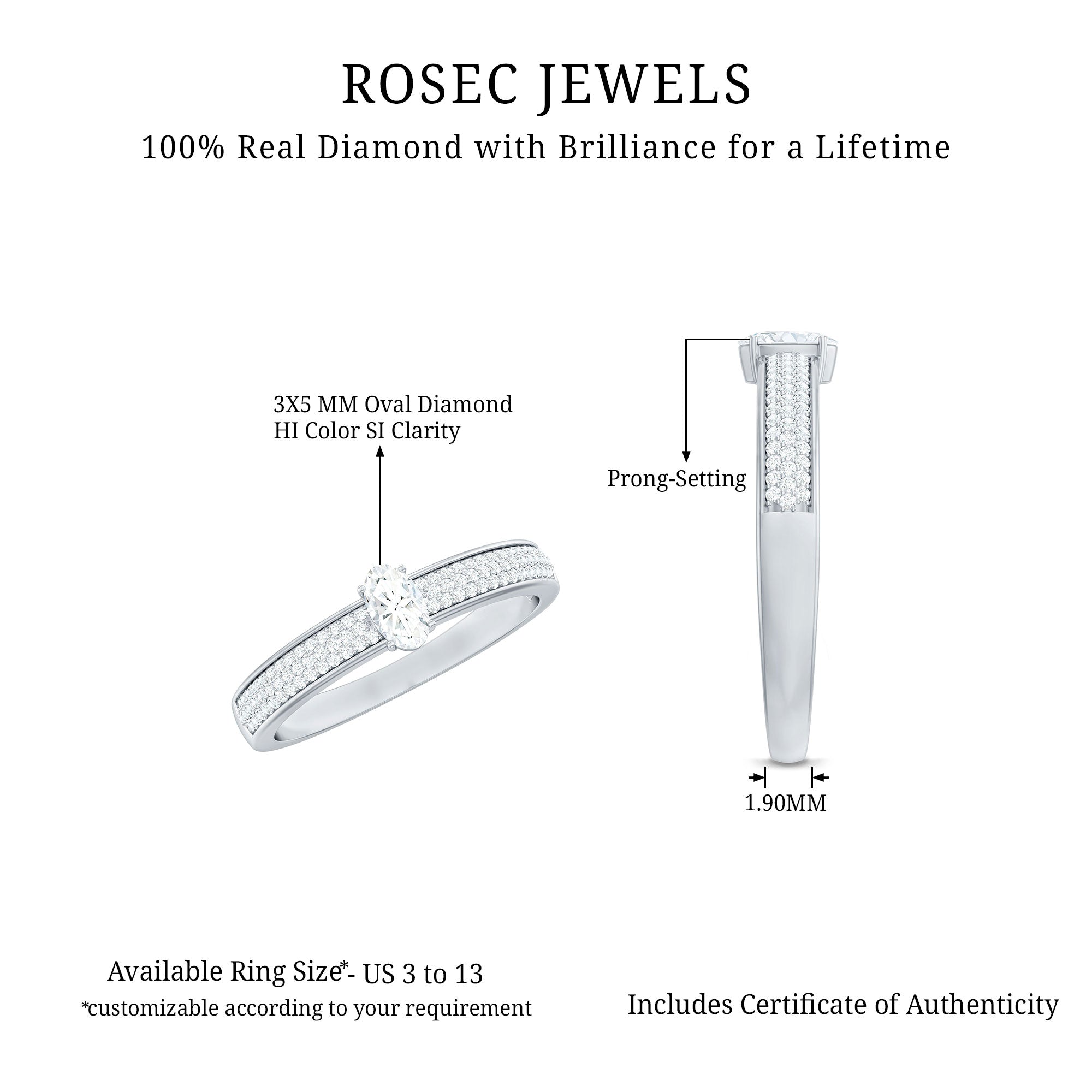 Oval Cut Diamond Classic Engagement Ring Natural - ( HI-SI ) - Rosec Jewels