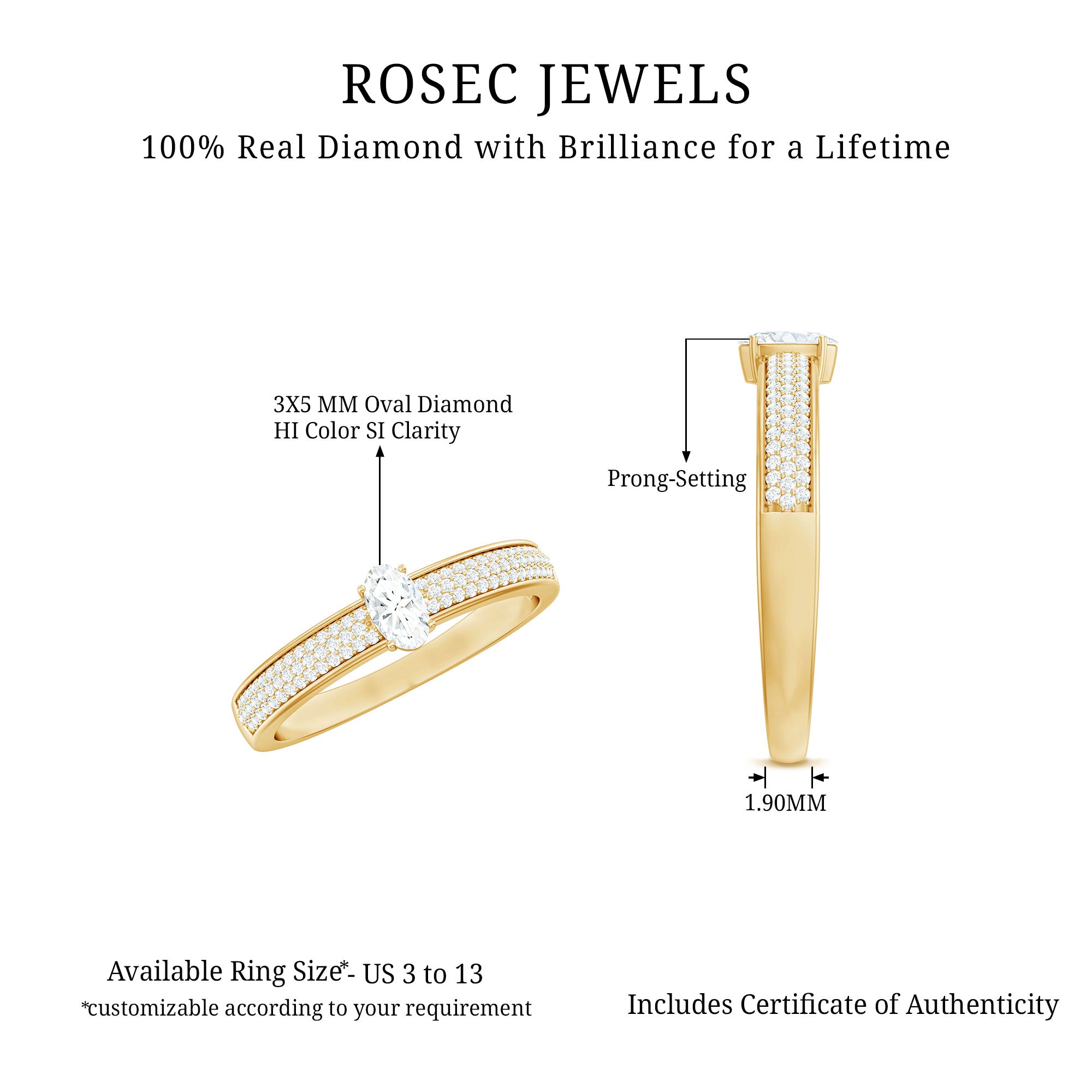 Oval Cut Diamond Classic Engagement Ring Natural - ( HI-SI ) - Rosec Jewels